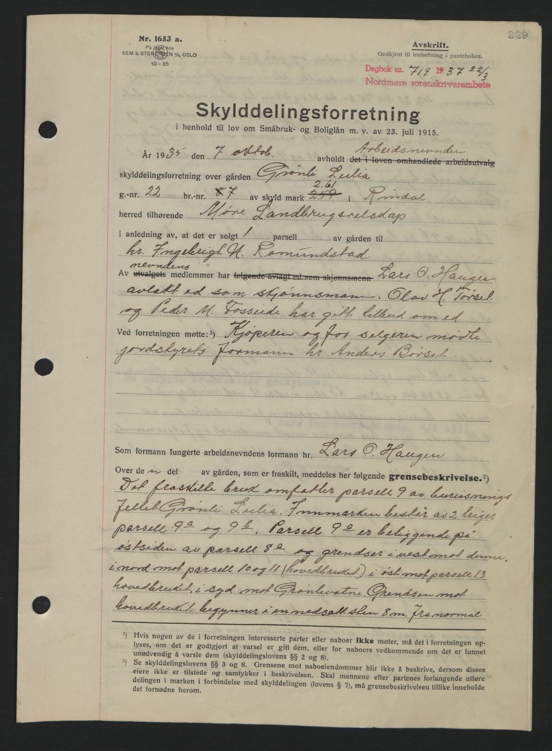 Nordmøre sorenskriveri, AV/SAT-A-4132/1/2/2Ca: Mortgage book no. A81, 1937-1937, Diary no: : 719/1937