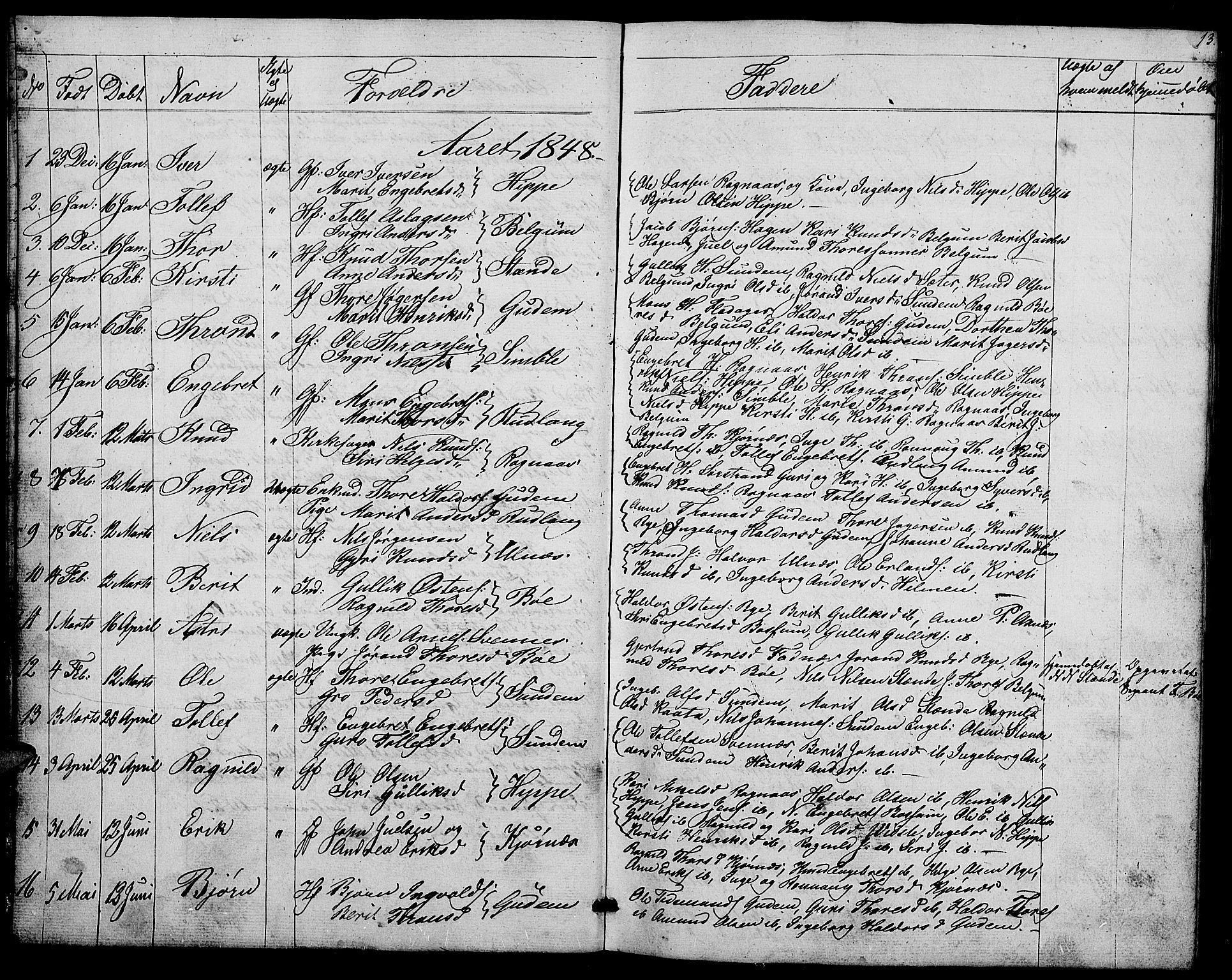 Nord-Aurdal prestekontor, SAH/PREST-132/H/Ha/Hab/L0004: Parish register (copy) no. 4, 1842-1882, p. 13