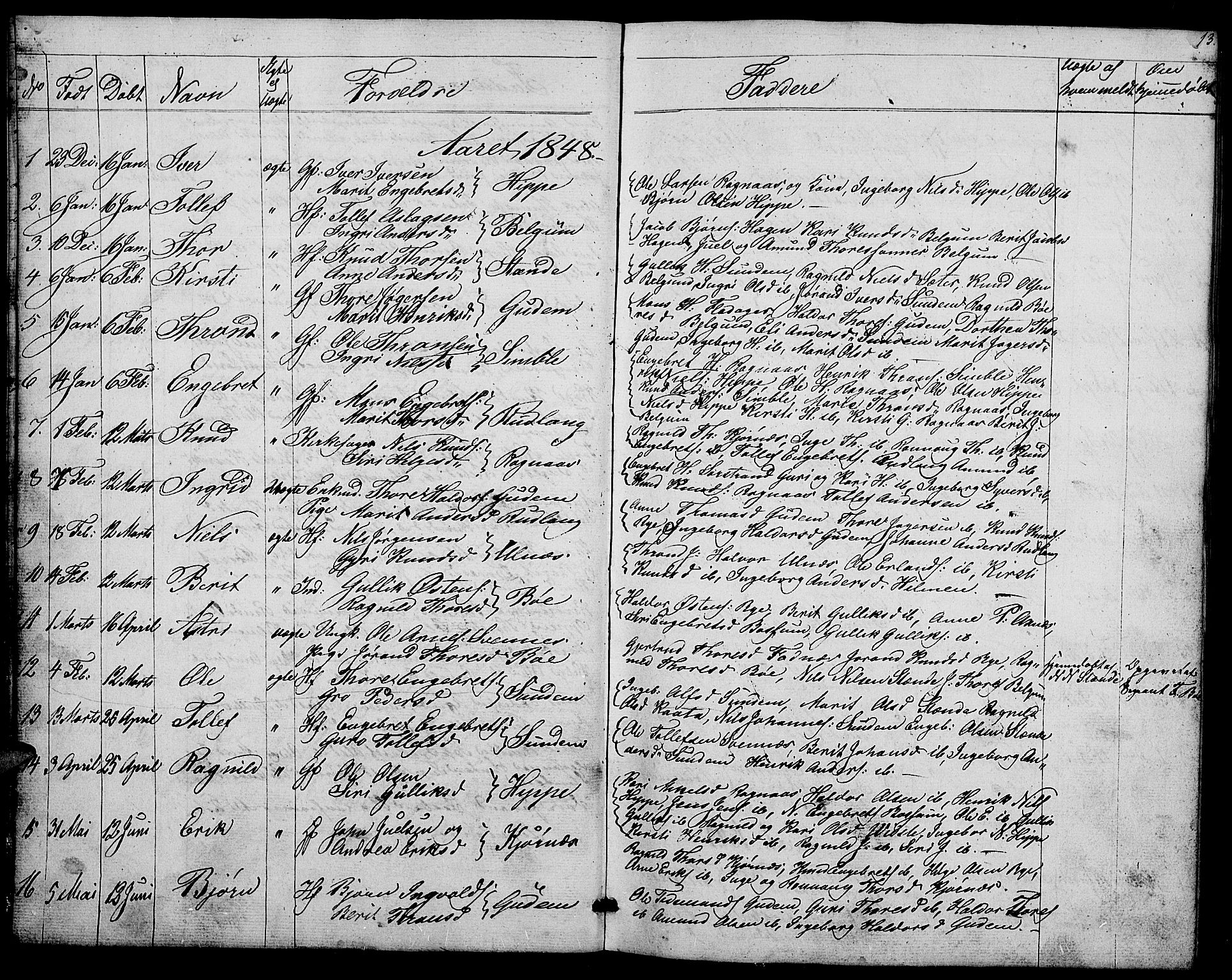 Nord-Aurdal prestekontor, AV/SAH-PREST-132/H/Ha/Hab/L0004: Parish register (copy) no. 4, 1842-1882, p. 13