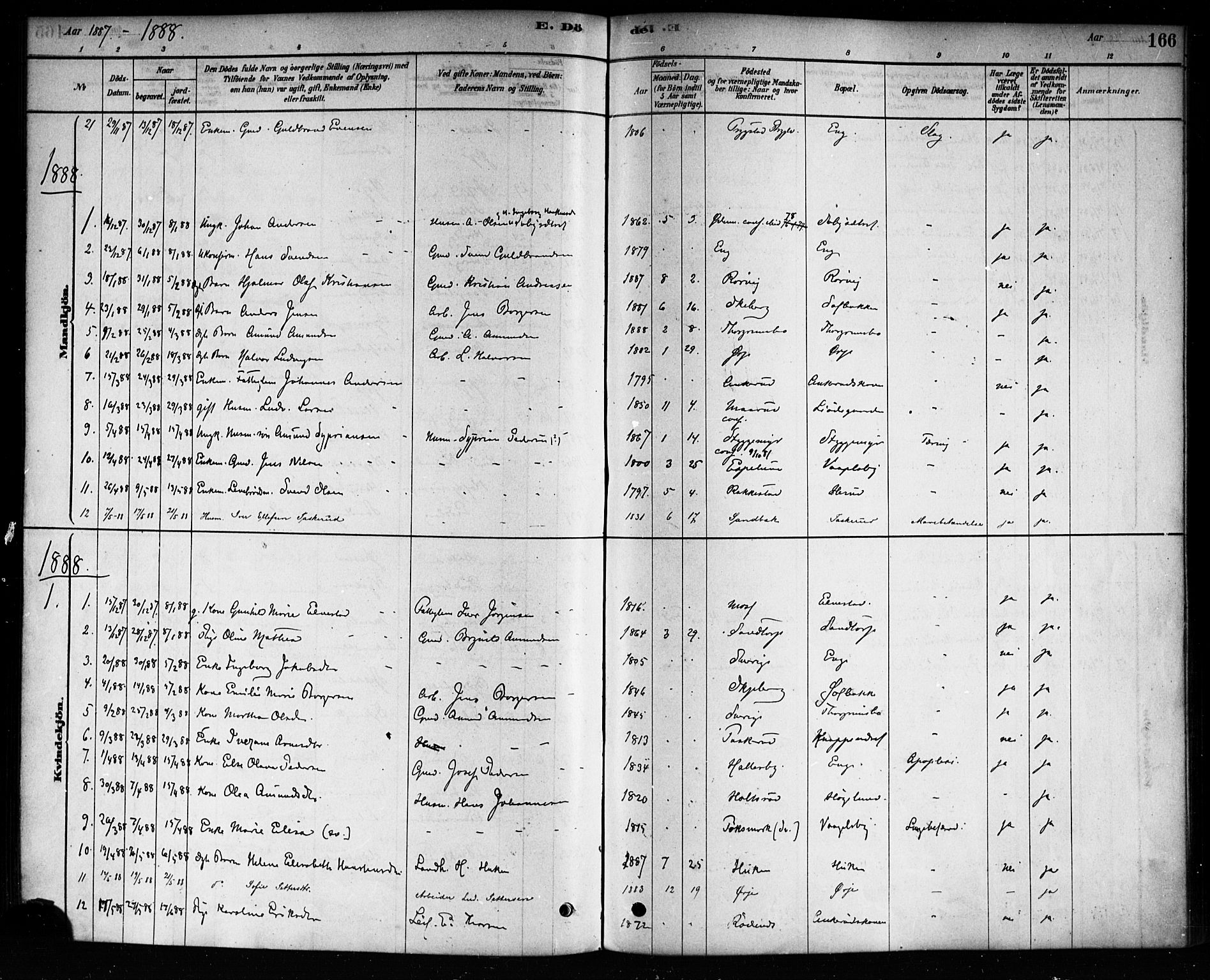 Aremark prestekontor Kirkebøker, SAO/A-10899/F/Fb/L0004: Parish register (official) no. II 4, 1878-1895, p. 166