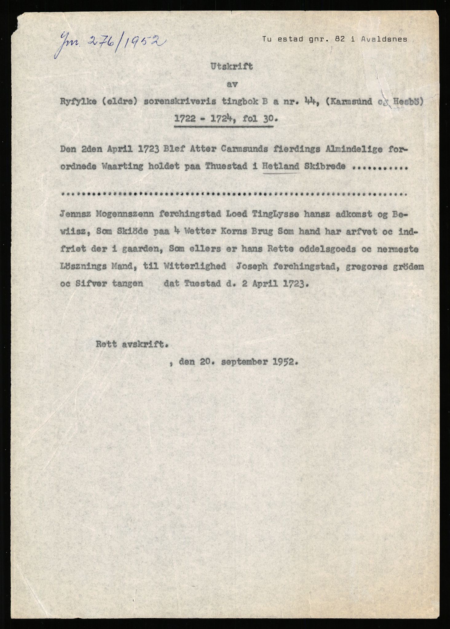 Statsarkivet i Stavanger, AV/SAST-A-101971/03/Y/Yj/L0088: Avskrifter sortert etter gårdsnavn: Todneim - Tuestad, 1750-1930, p. 815