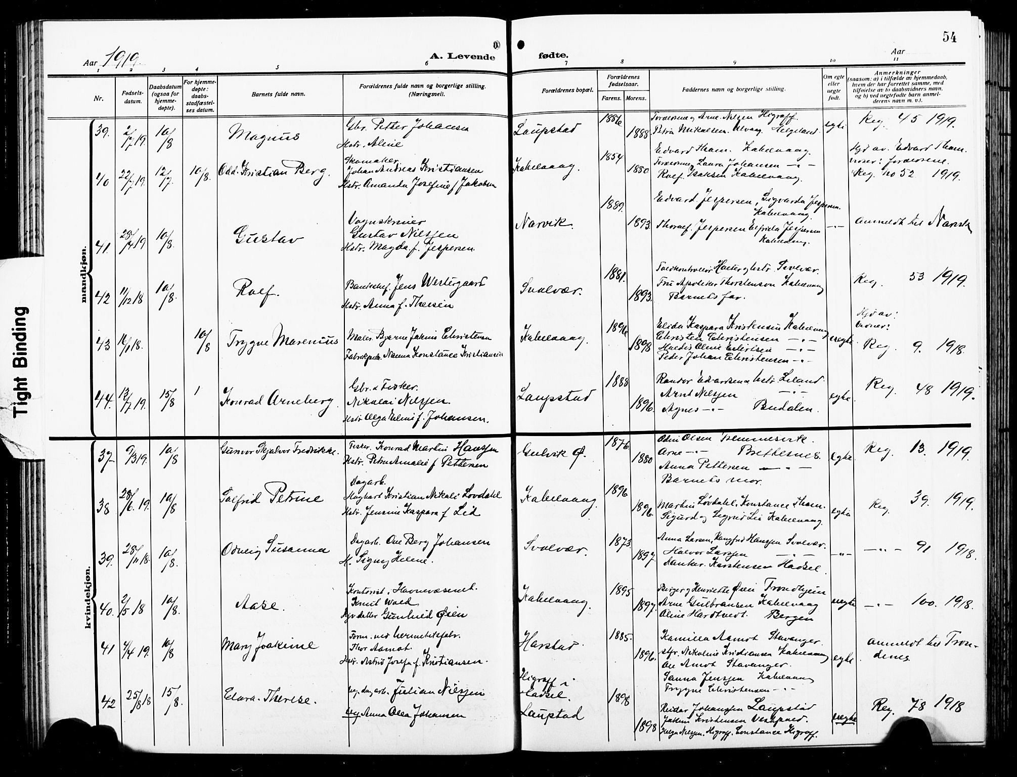 Ministerialprotokoller, klokkerbøker og fødselsregistre - Nordland, SAT/A-1459/874/L1080: Parish register (copy) no. 874C09, 1915-1925, p. 54