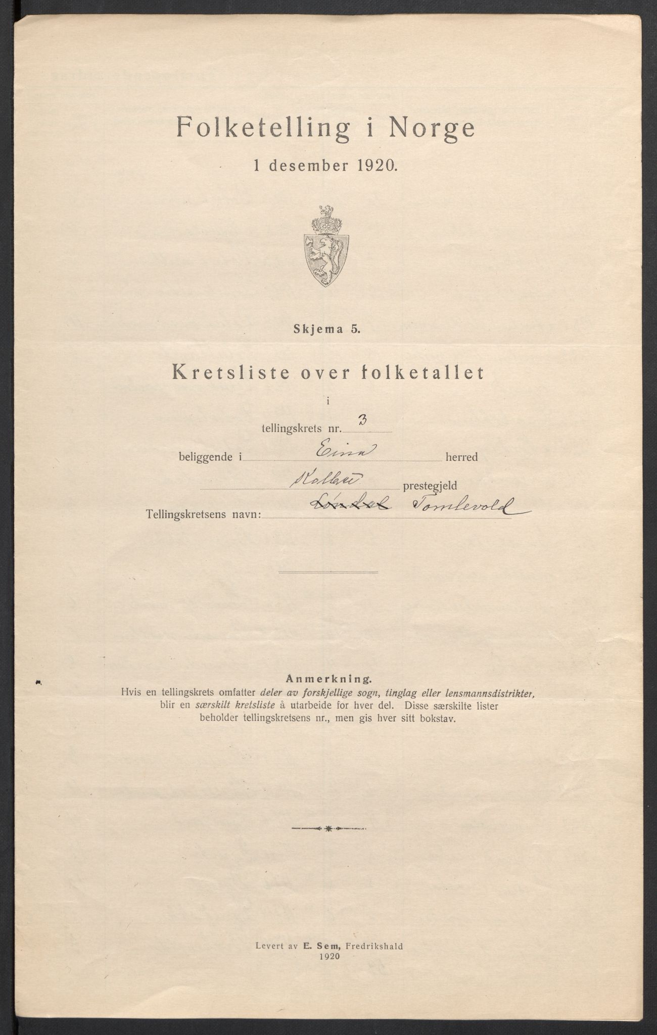 SAH, 1920 census for Eina, 1920, p. 16