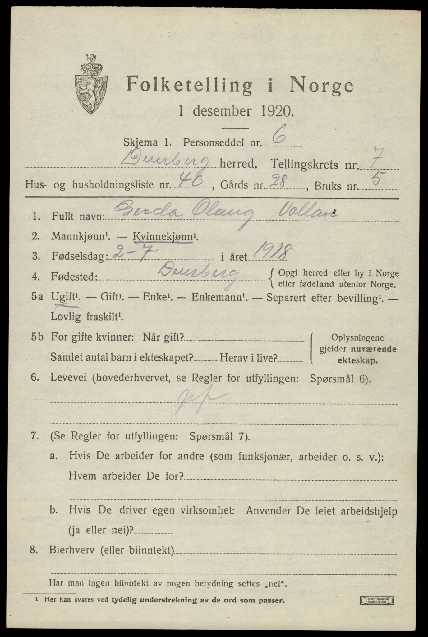 SAT, 1920 census for Dverberg, 1920, p. 7106