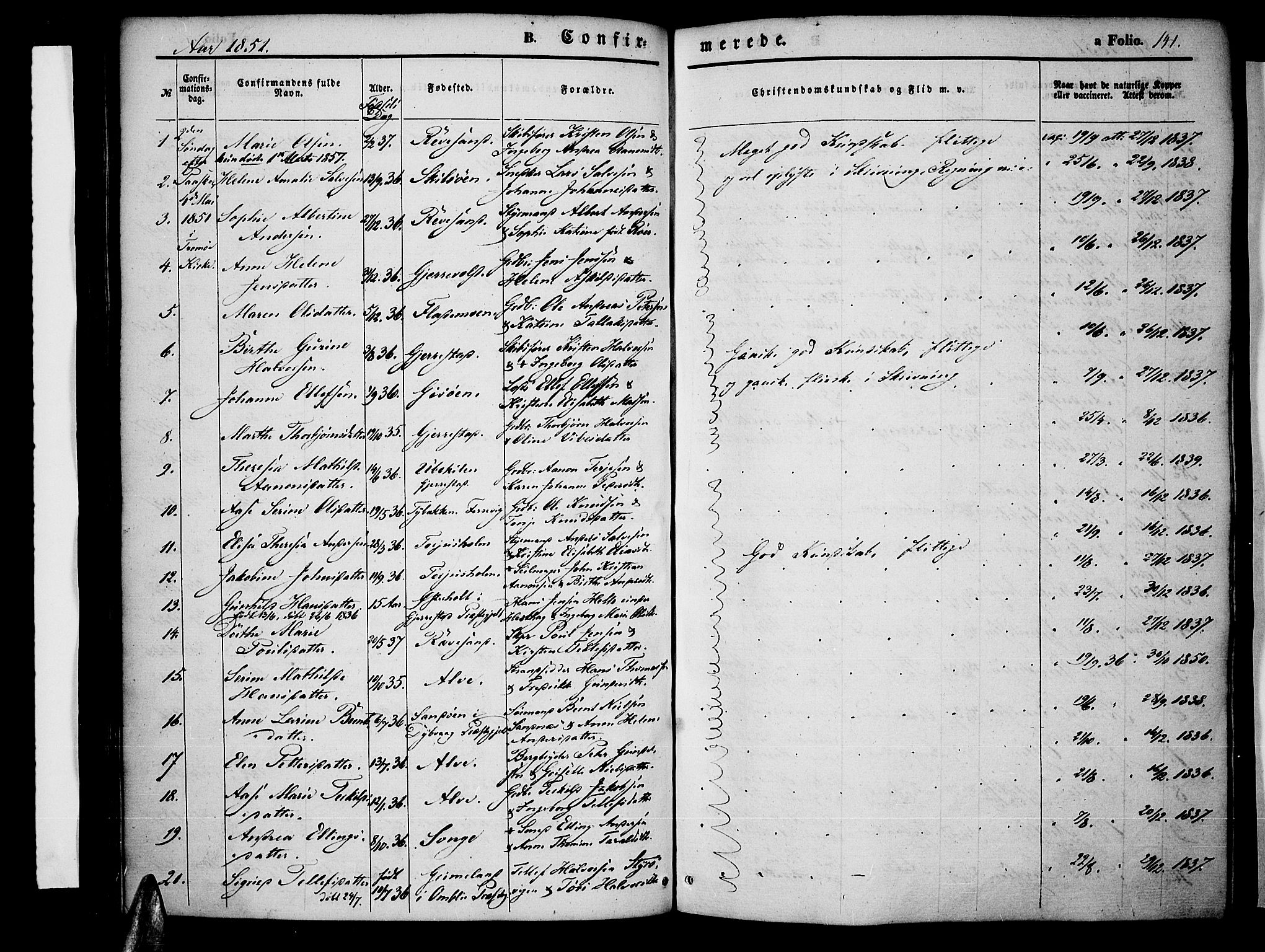 Tromøy sokneprestkontor, SAK/1111-0041/F/Fa/L0005: Parish register (official) no. A 5, 1847-1856, p. 141