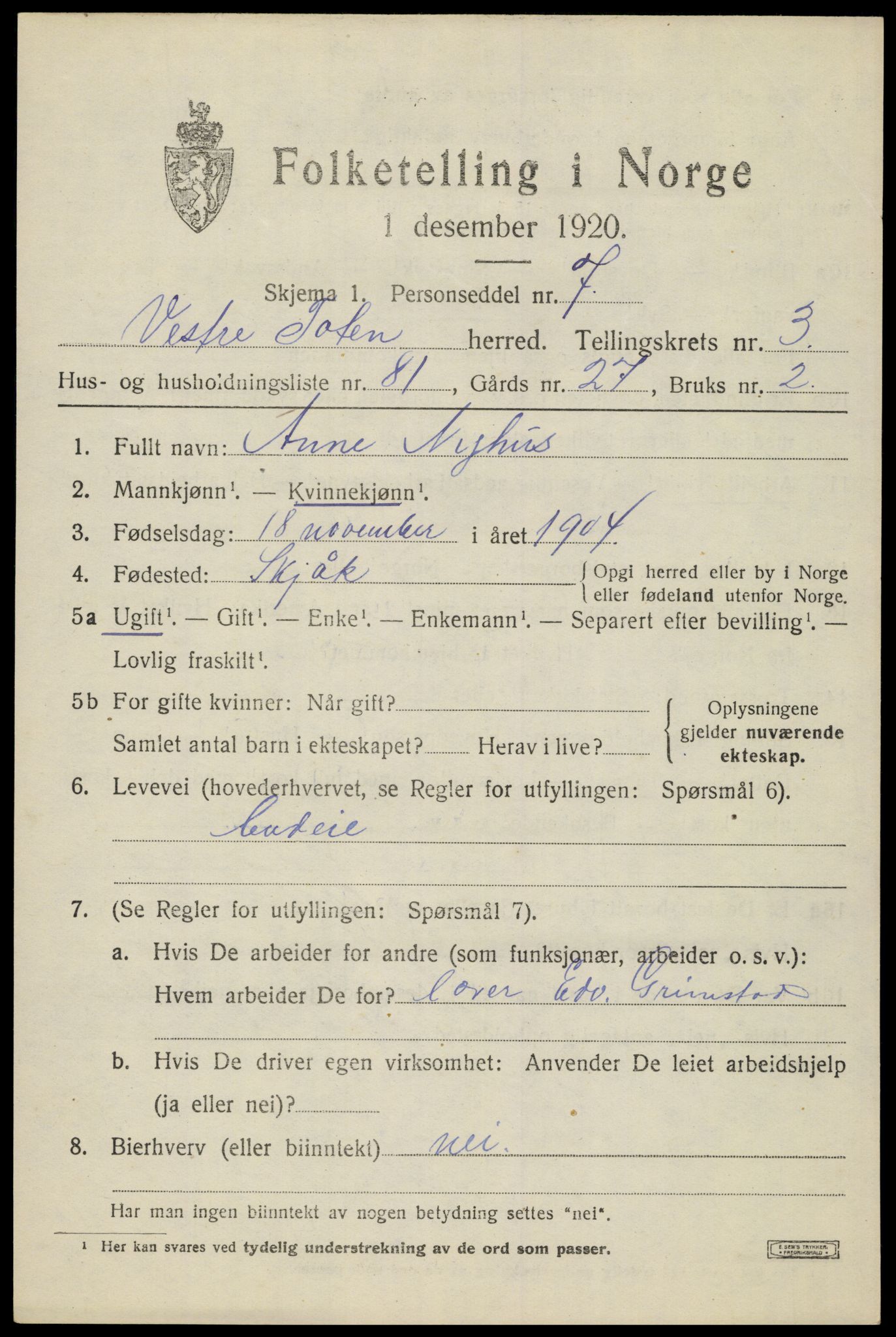 SAH, 1920 census for Vestre Toten, 1920, p. 5548