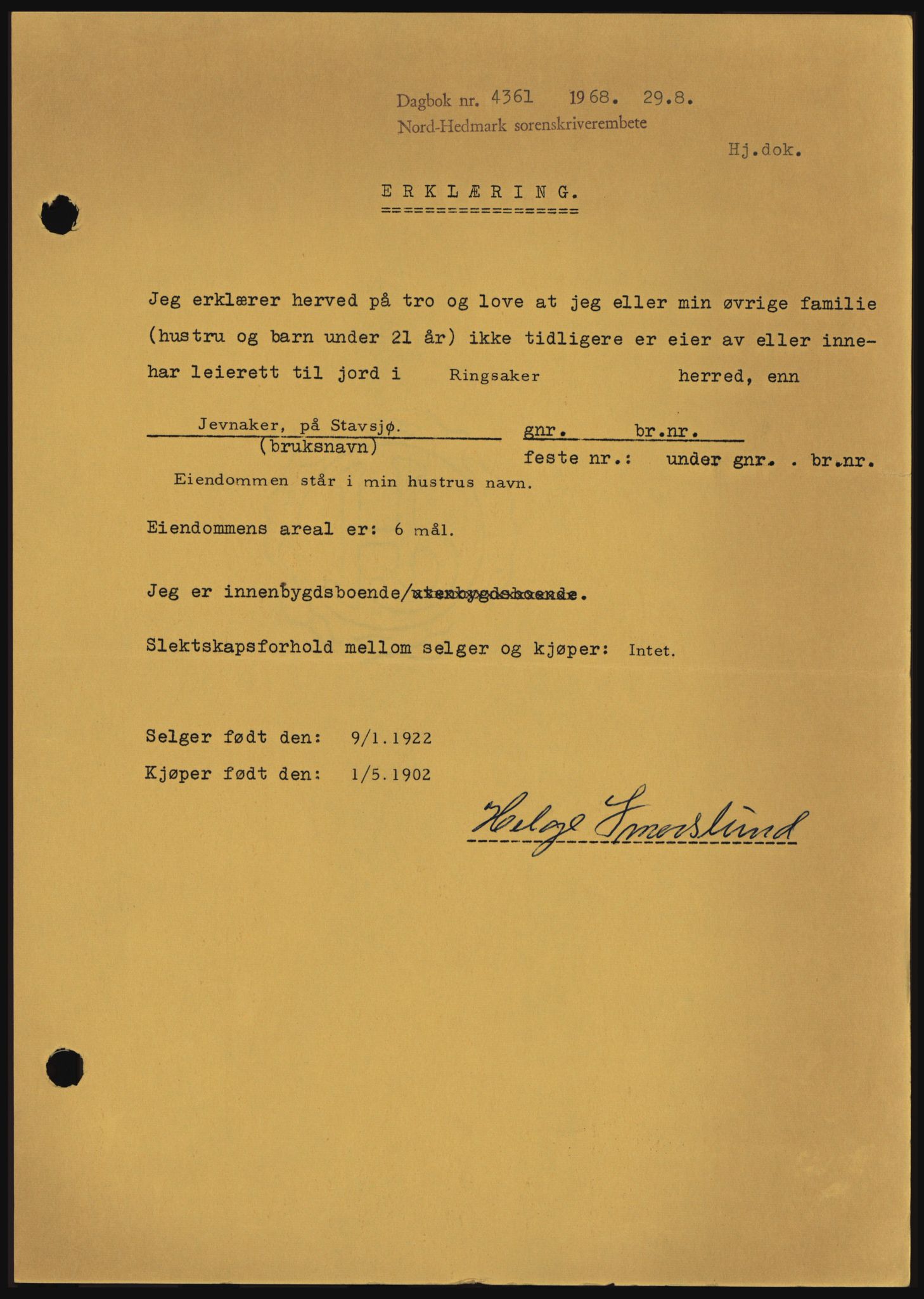 Nord-Hedmark sorenskriveri, SAH/TING-012/H/Hc/L0028: Mortgage book no. 28, 1968-1968, Diary no: : 4361/1968