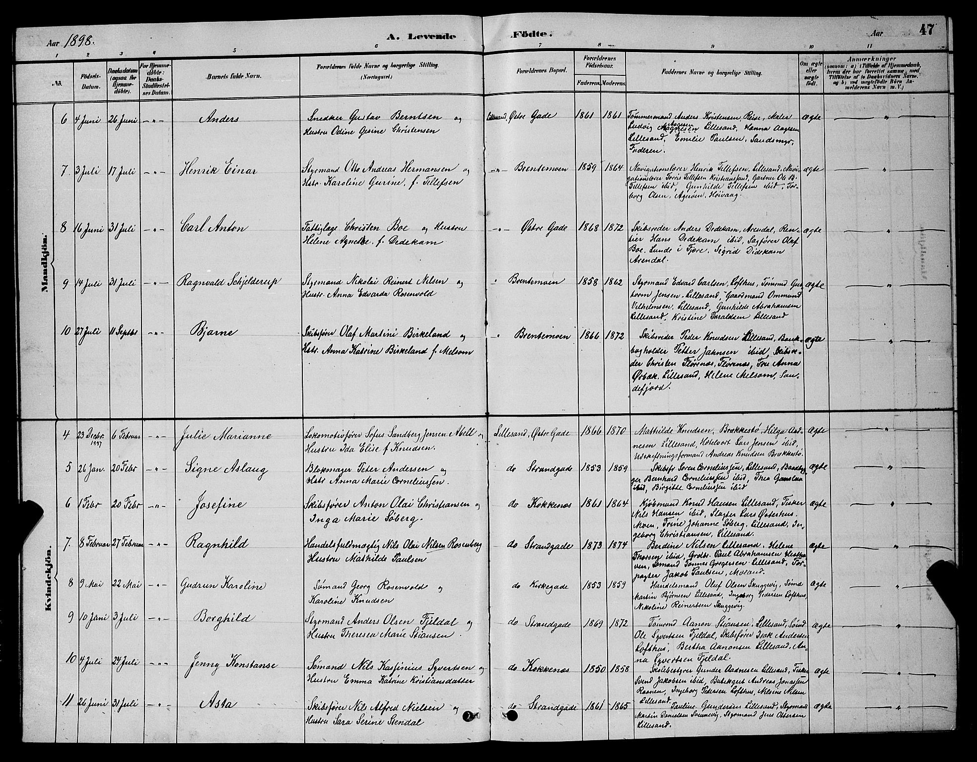 Vestre Moland sokneprestkontor, AV/SAK-1111-0046/F/Fb/Fba/L0001: Parish register (copy) no. B 1, 1884-1903, p. 47