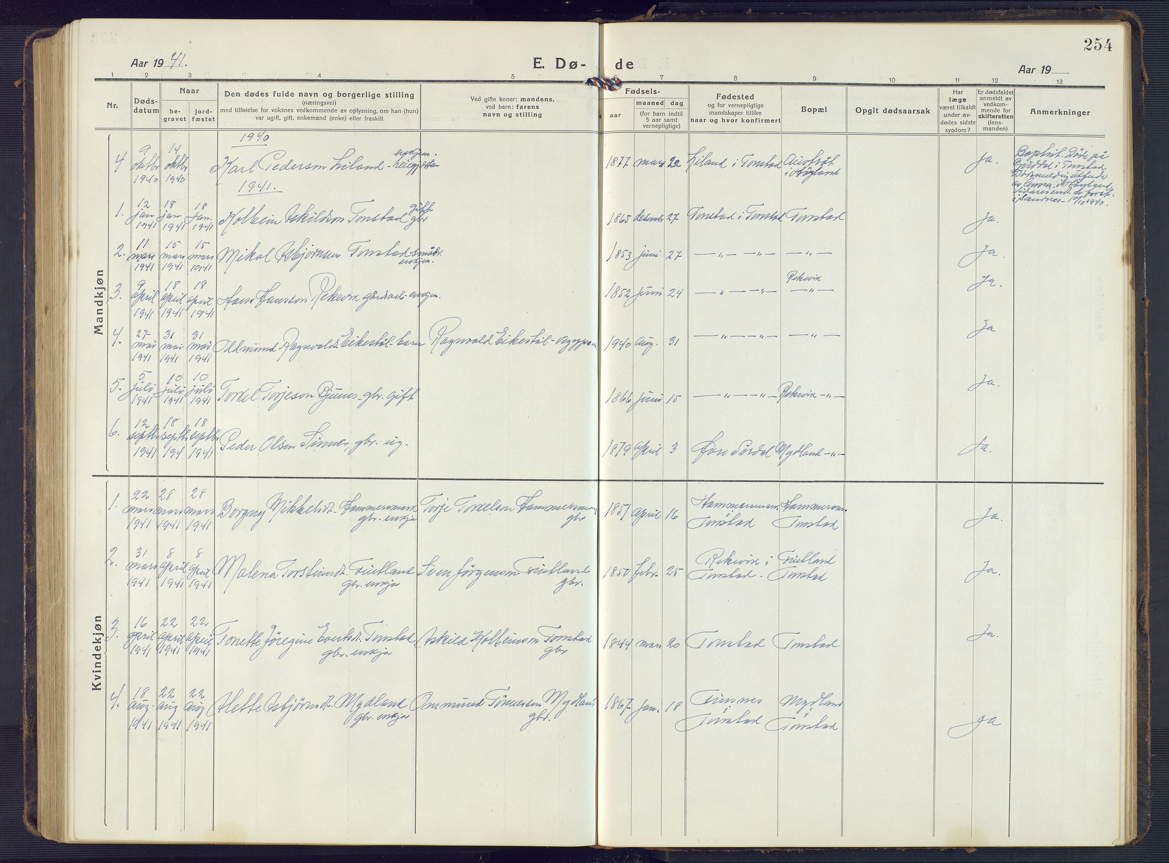 Sirdal sokneprestkontor, SAK/1111-0036/F/Fb/Fbb/L0005: Parish register (copy) no. B 5, 1916-1960, p. 254