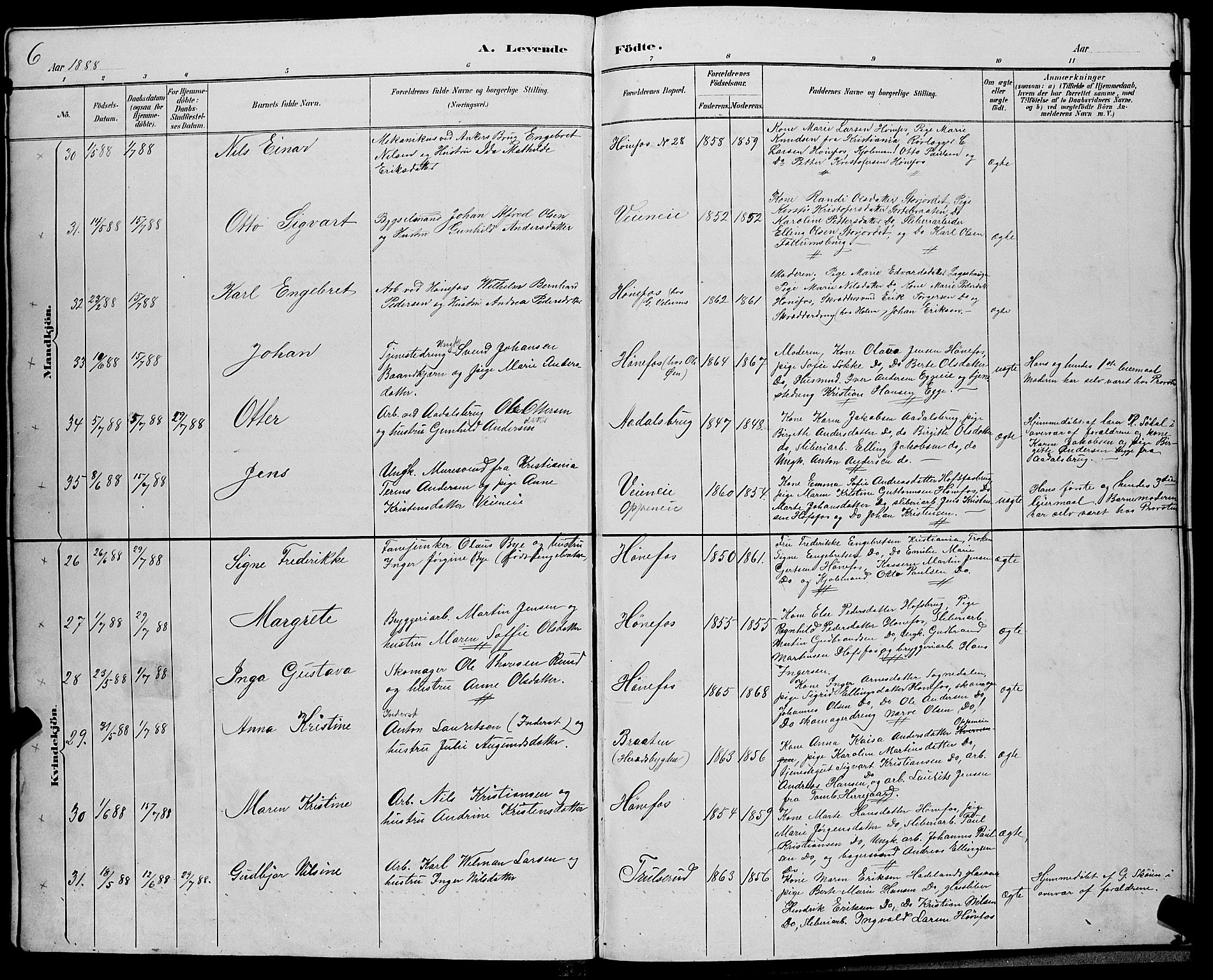 Hønefoss kirkebøker, AV/SAKO-A-609/G/Ga/L0002: Parish register (copy) no. 2, 1888-1904, p. 6