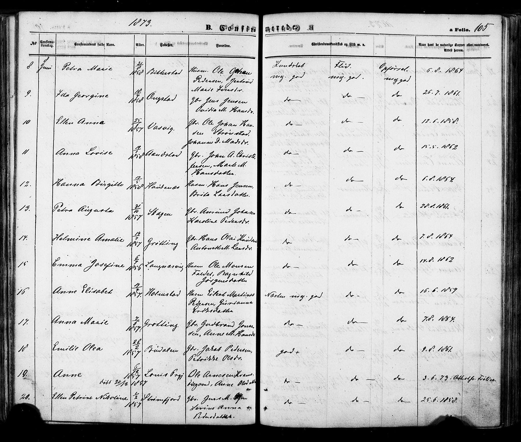 Ministerialprotokoller, klokkerbøker og fødselsregistre - Nordland, AV/SAT-A-1459/888/L1242: Parish register (official) no. 888A08, 1870-1875, p. 105