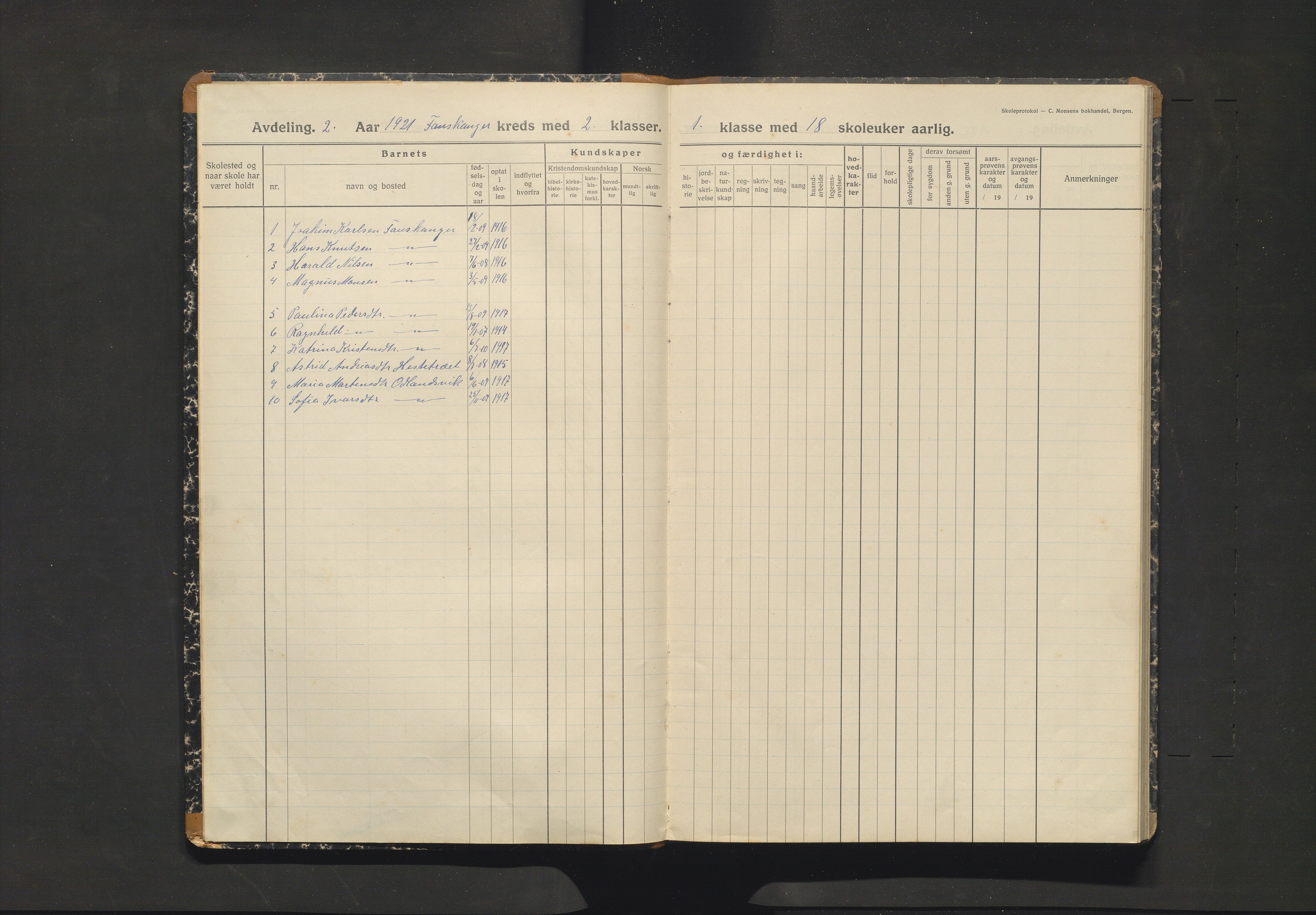 Askøy kommune. Barneskulane, IKAH/1247-231/F/Fi/L0005: Skoleprotokoll for Fauskanger skule, 1920-1921