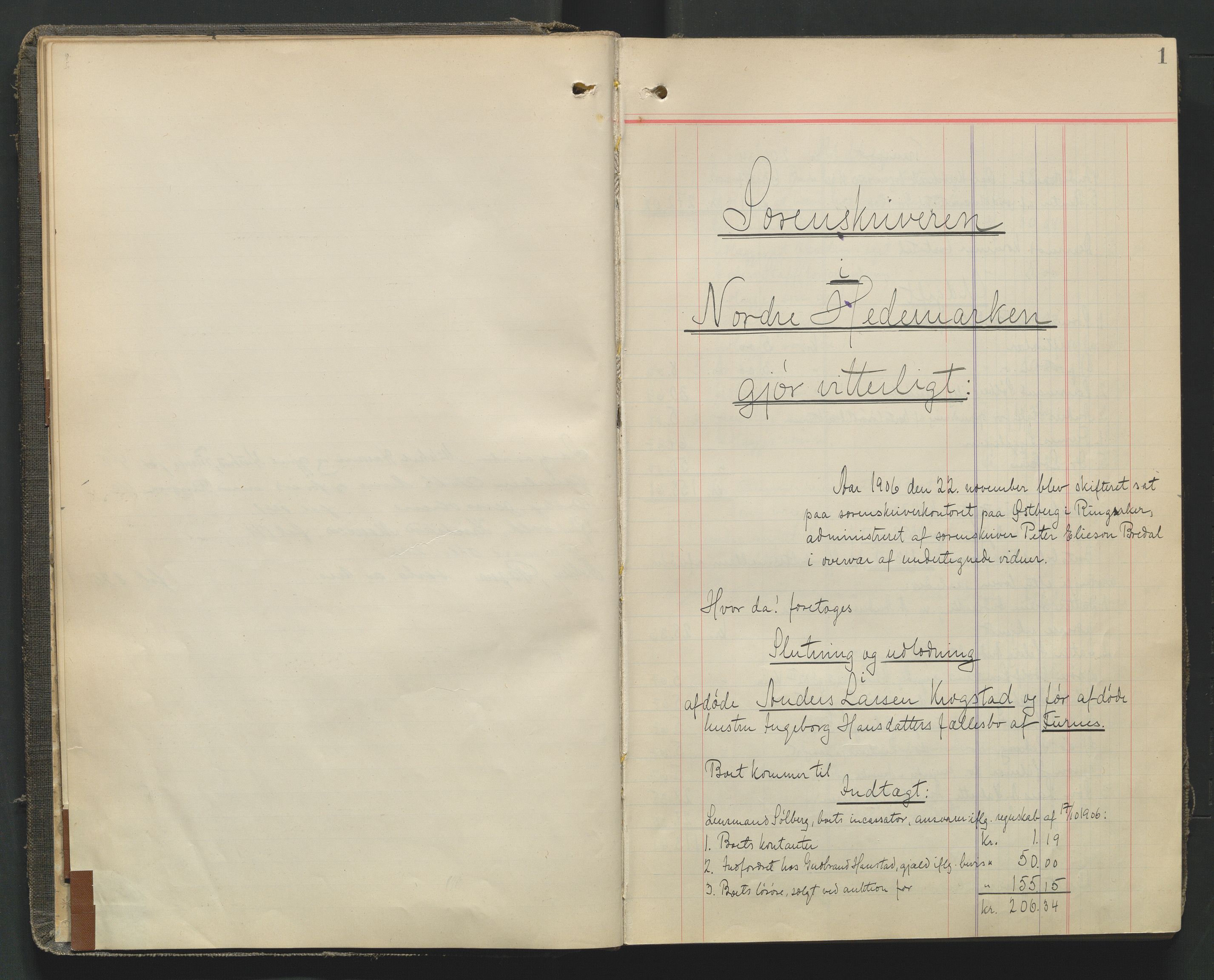 Nord-Hedmark sorenskriveri, AV/SAH-TING-012/J/Jd/L0003: Skifteutlodningsprotokoll, 1906-1914, p. 1a