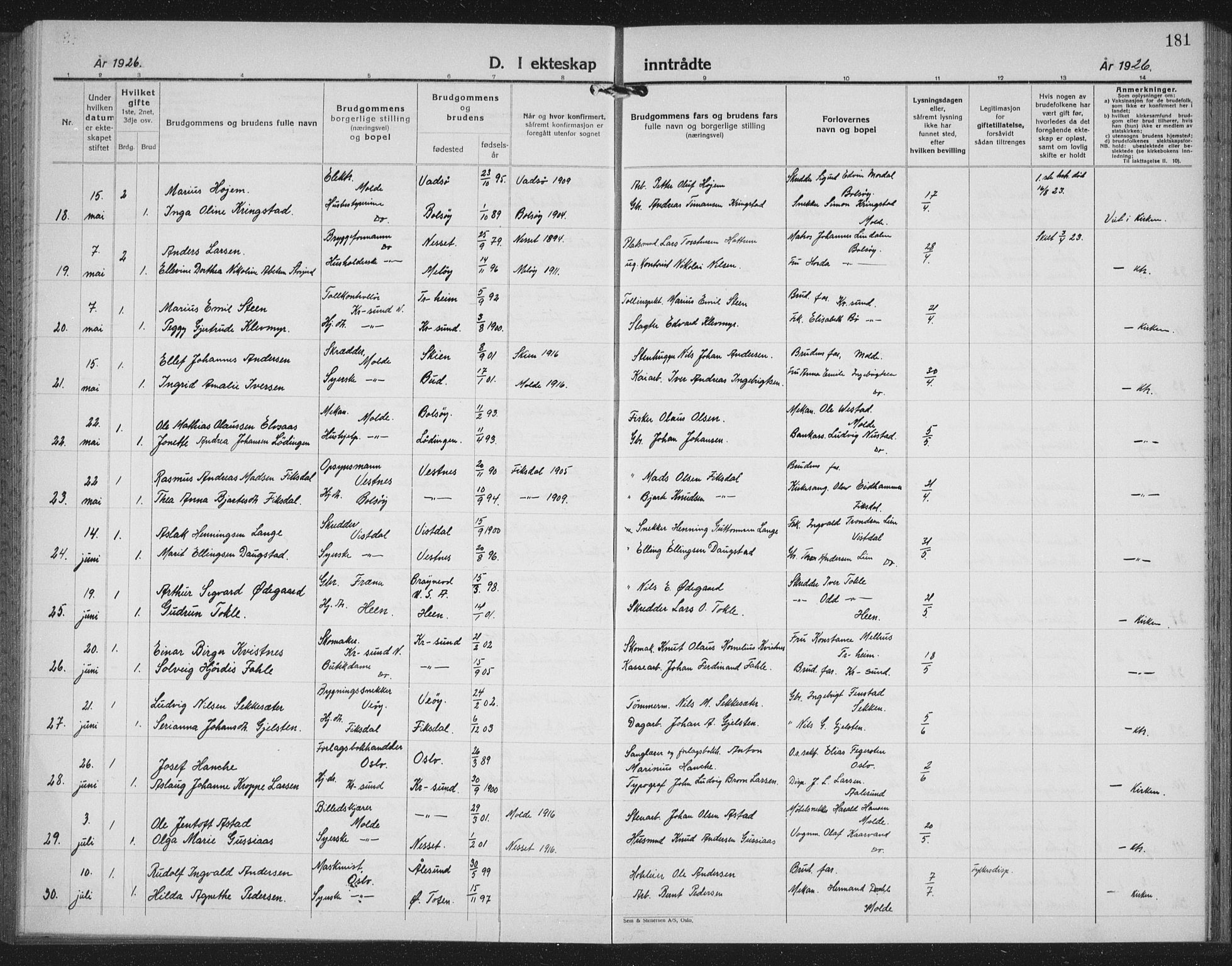 Ministerialprotokoller, klokkerbøker og fødselsregistre - Møre og Romsdal, AV/SAT-A-1454/558/L0704: Parish register (copy) no. 558C05, 1921-1942, p. 181