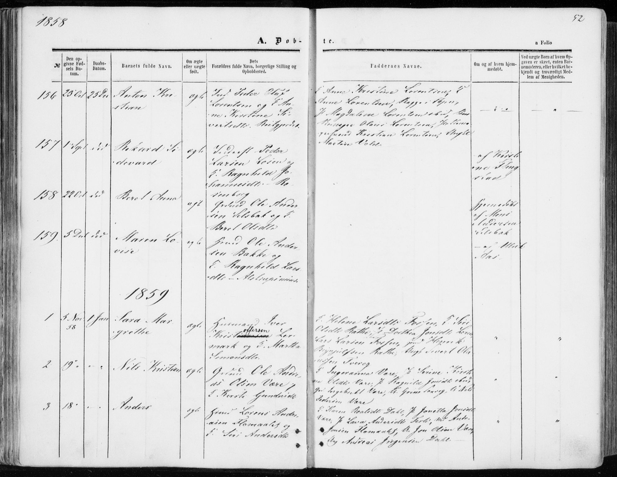 Ministerialprotokoller, klokkerbøker og fødselsregistre - Sør-Trøndelag, SAT/A-1456/606/L0292: Parish register (official) no. 606A07, 1856-1865, p. 52