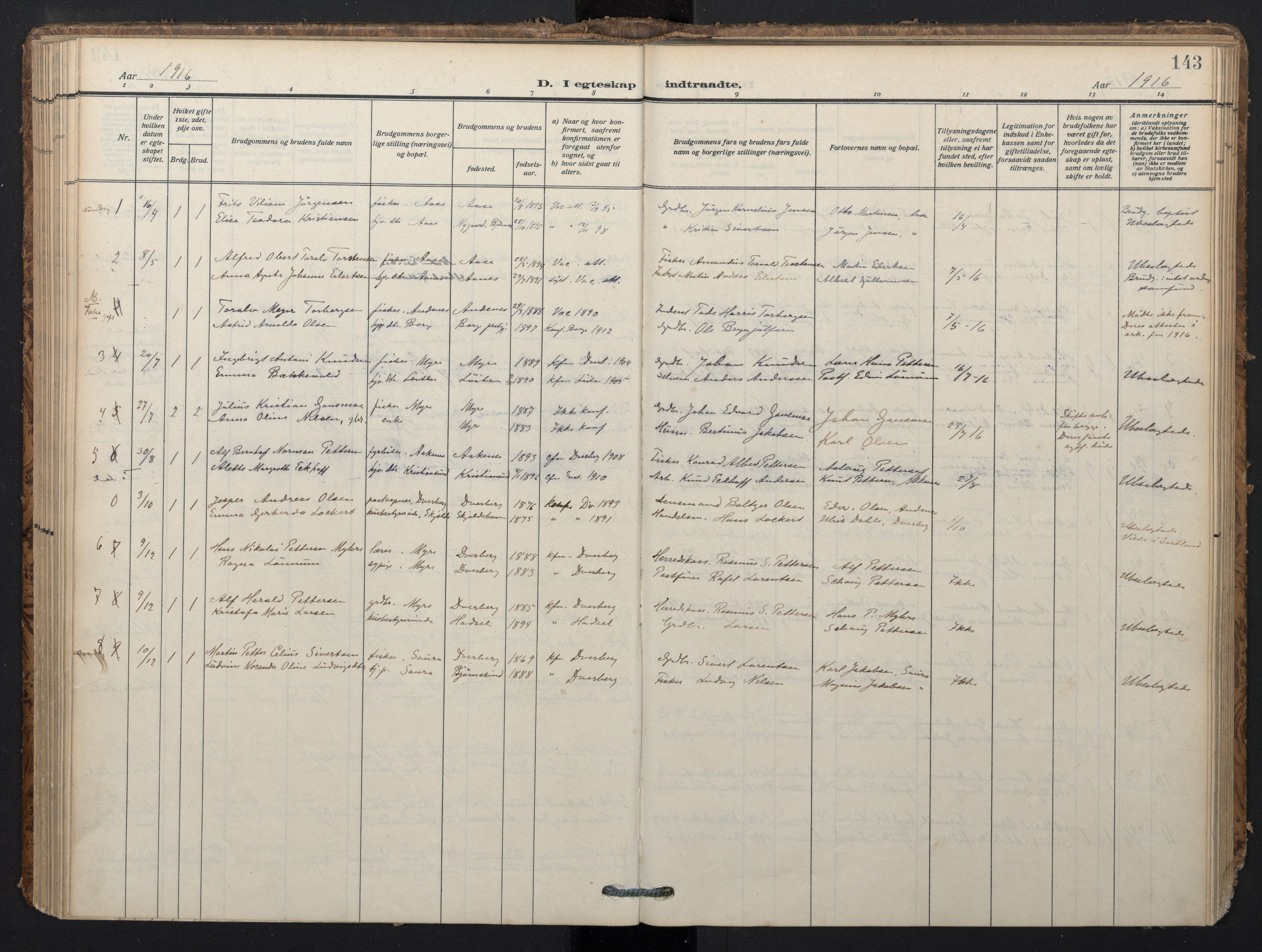 Ministerialprotokoller, klokkerbøker og fødselsregistre - Nordland, SAT/A-1459/897/L1401: Parish register (official) no. 897A08, 1909-1921, p. 143
