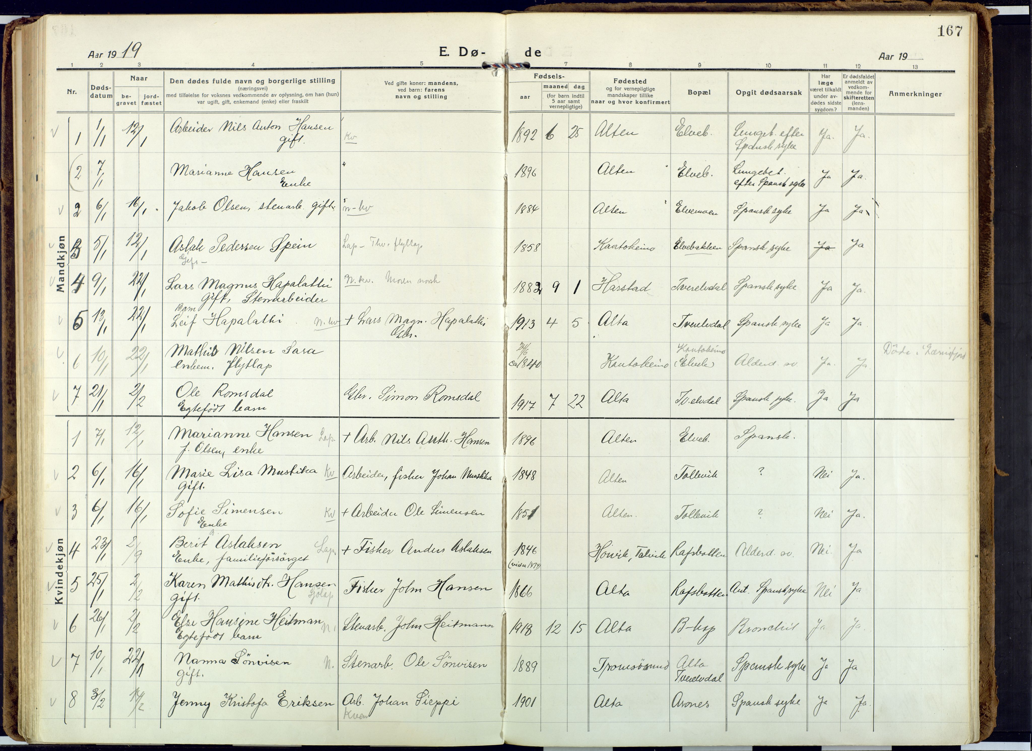 Alta sokneprestkontor, AV/SATØ-S-1338/H/Ha: Parish register (official) no. 6, 1918-1931, p. 167