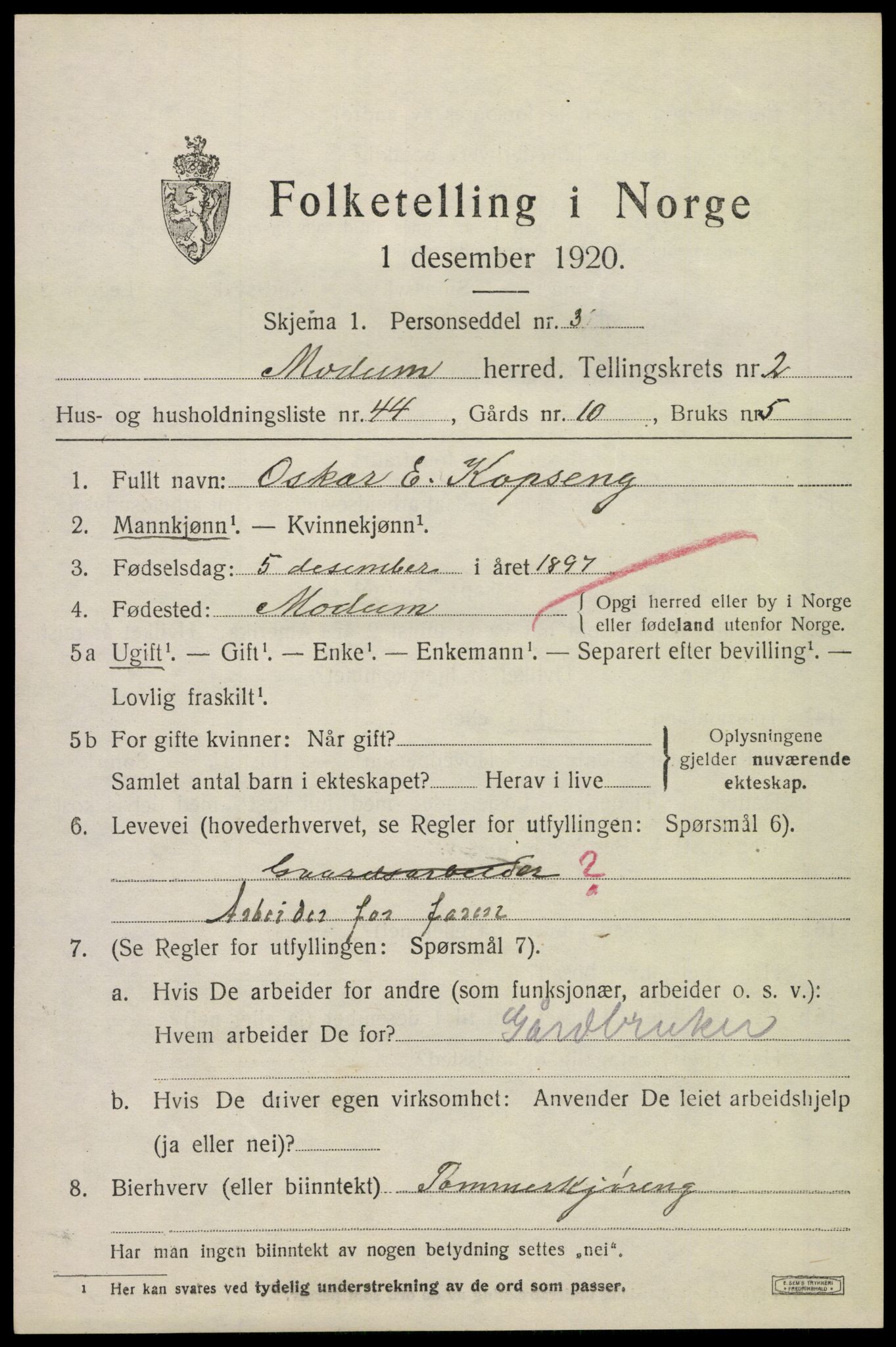 SAKO, 1920 census for Modum, 1920, p. 4695