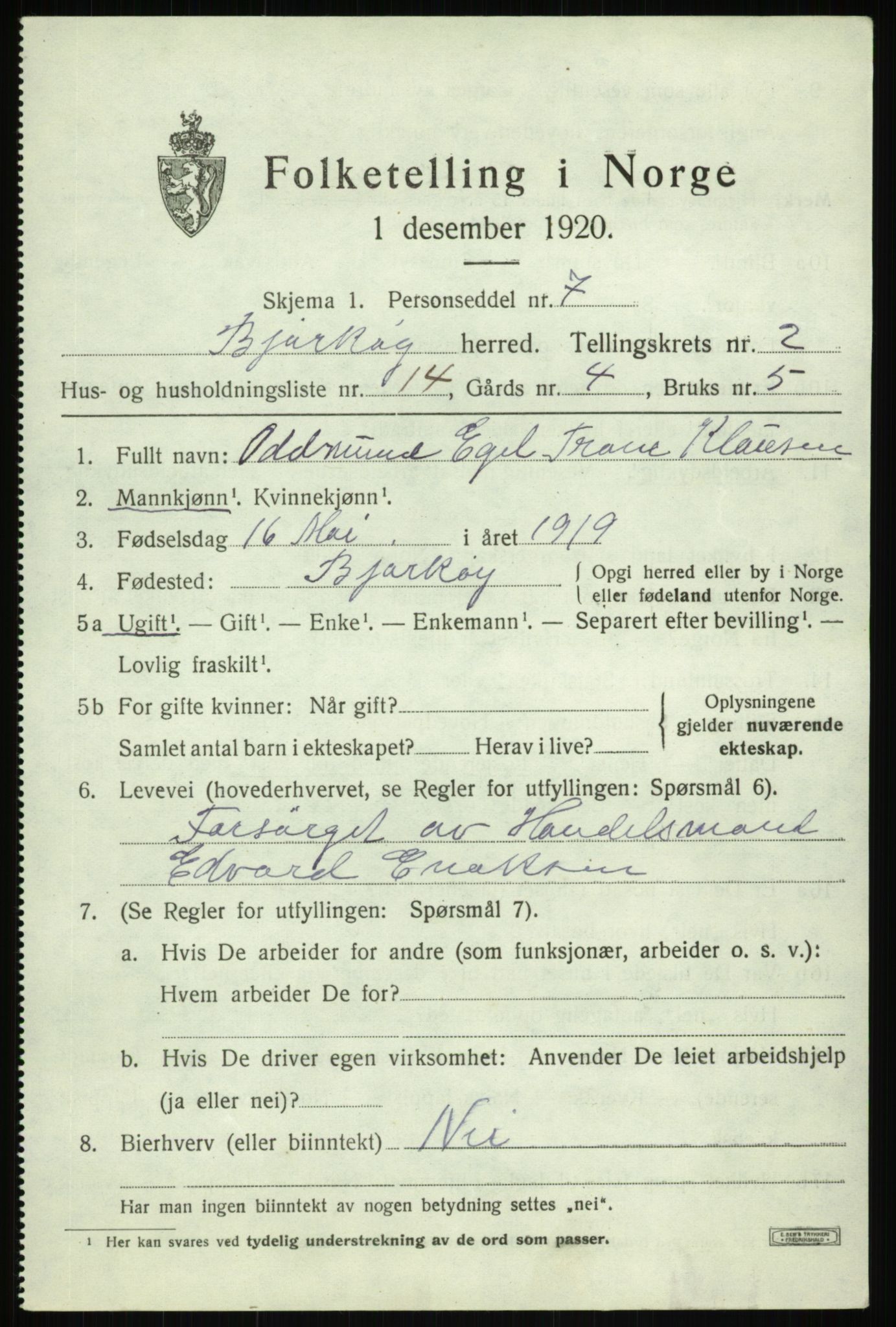 SATØ, 1920 census for Bjarkøy, 1920, p. 1249