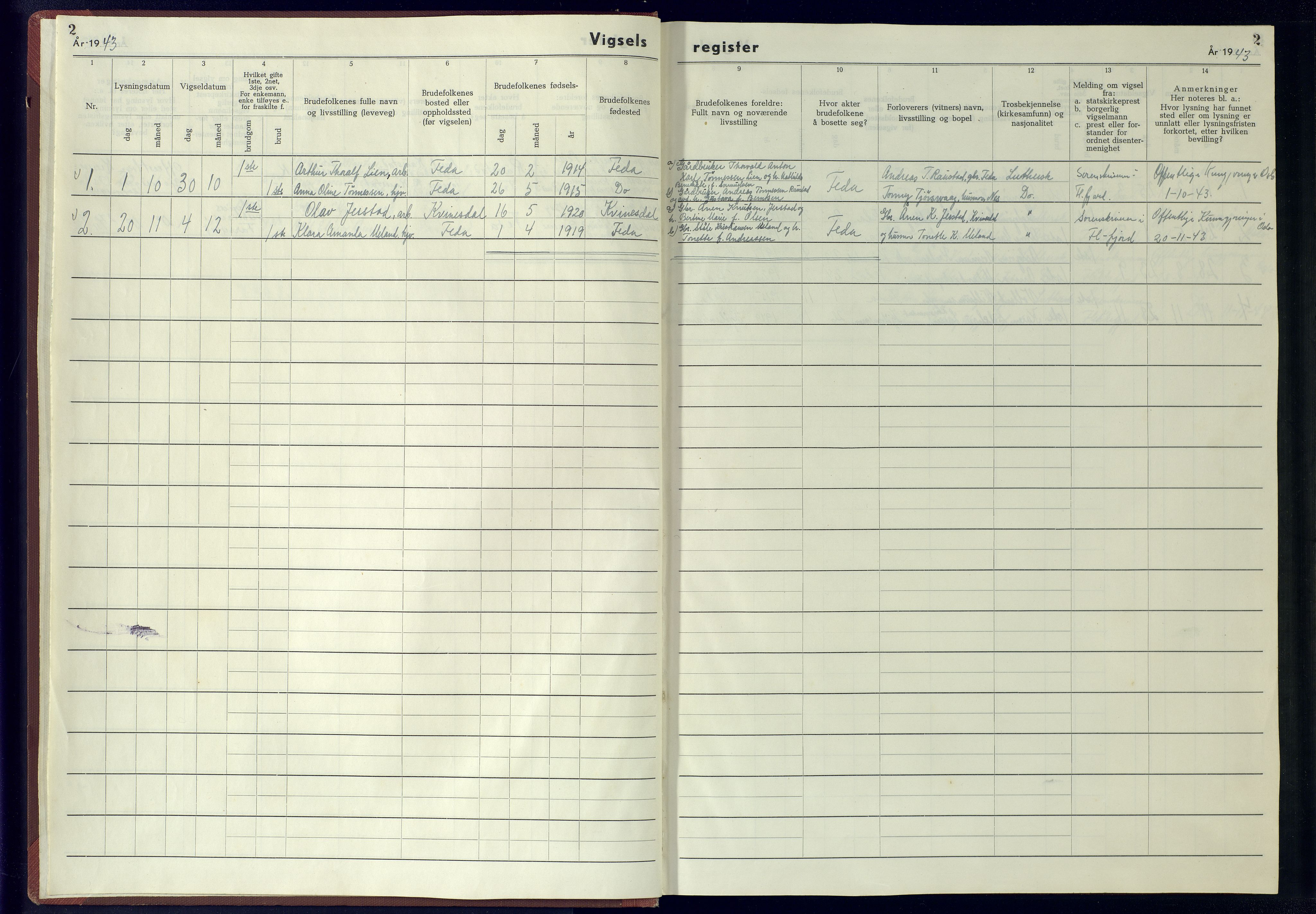 Kvinesdal sokneprestkontor, SAK/1111-0026/J/Jb/L0002: Marriage register no. II.6.2, 1942-1944, p. 2