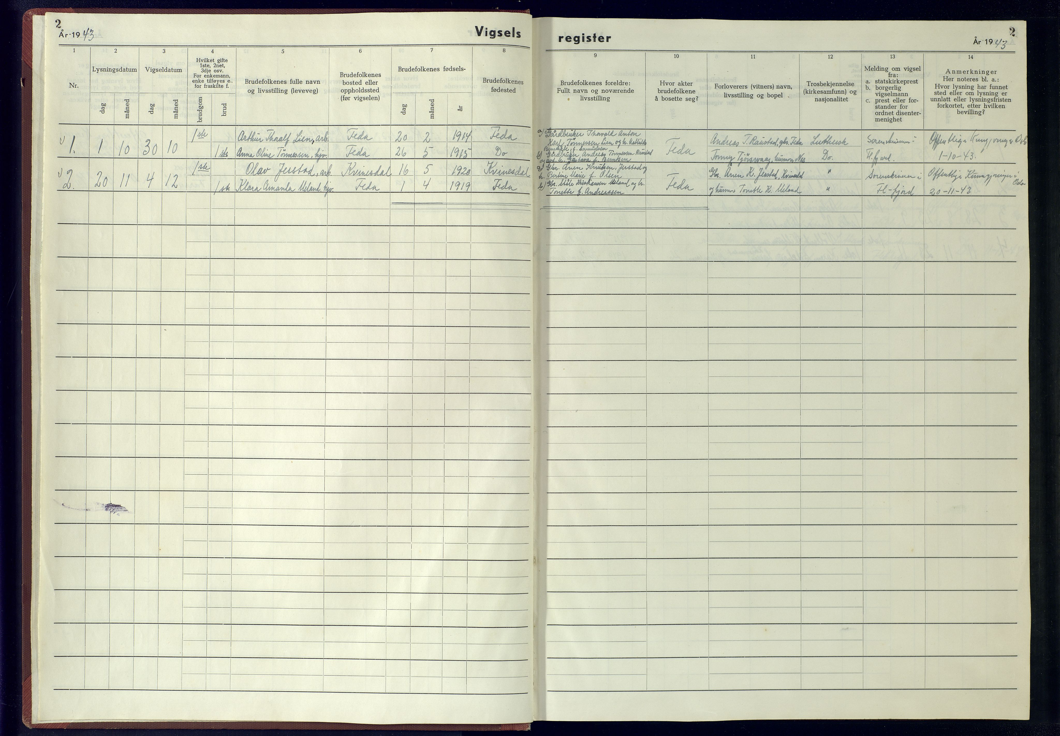 Kvinesdal sokneprestkontor, AV/SAK-1111-0026/J/Jb/L0002: Marriage register no. II.6.2, 1942-1944, p. 2