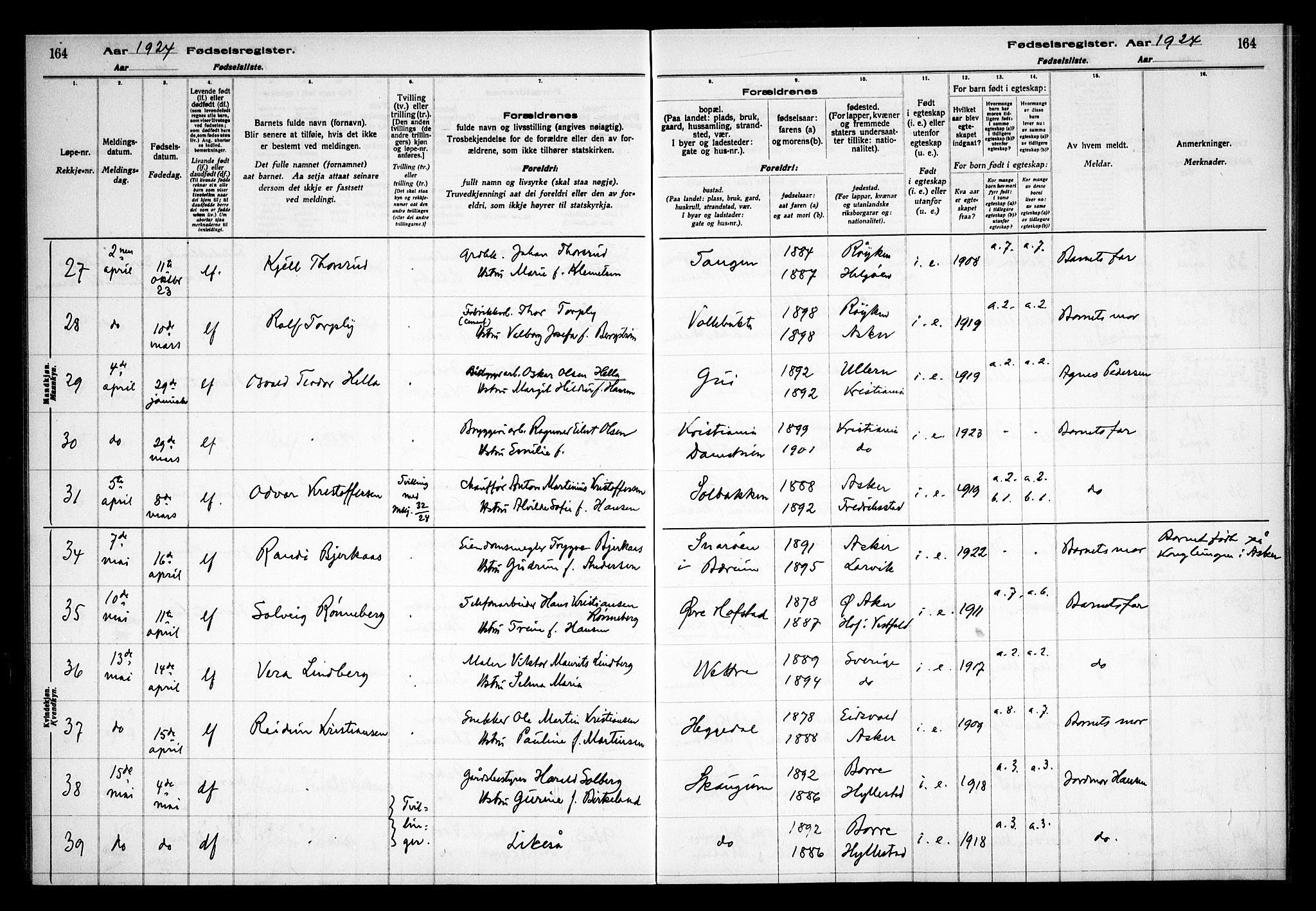 Asker prestekontor Kirkebøker, AV/SAO-A-10256a/J/L0001: Birth register no. 1, 1916-1925, p. 164