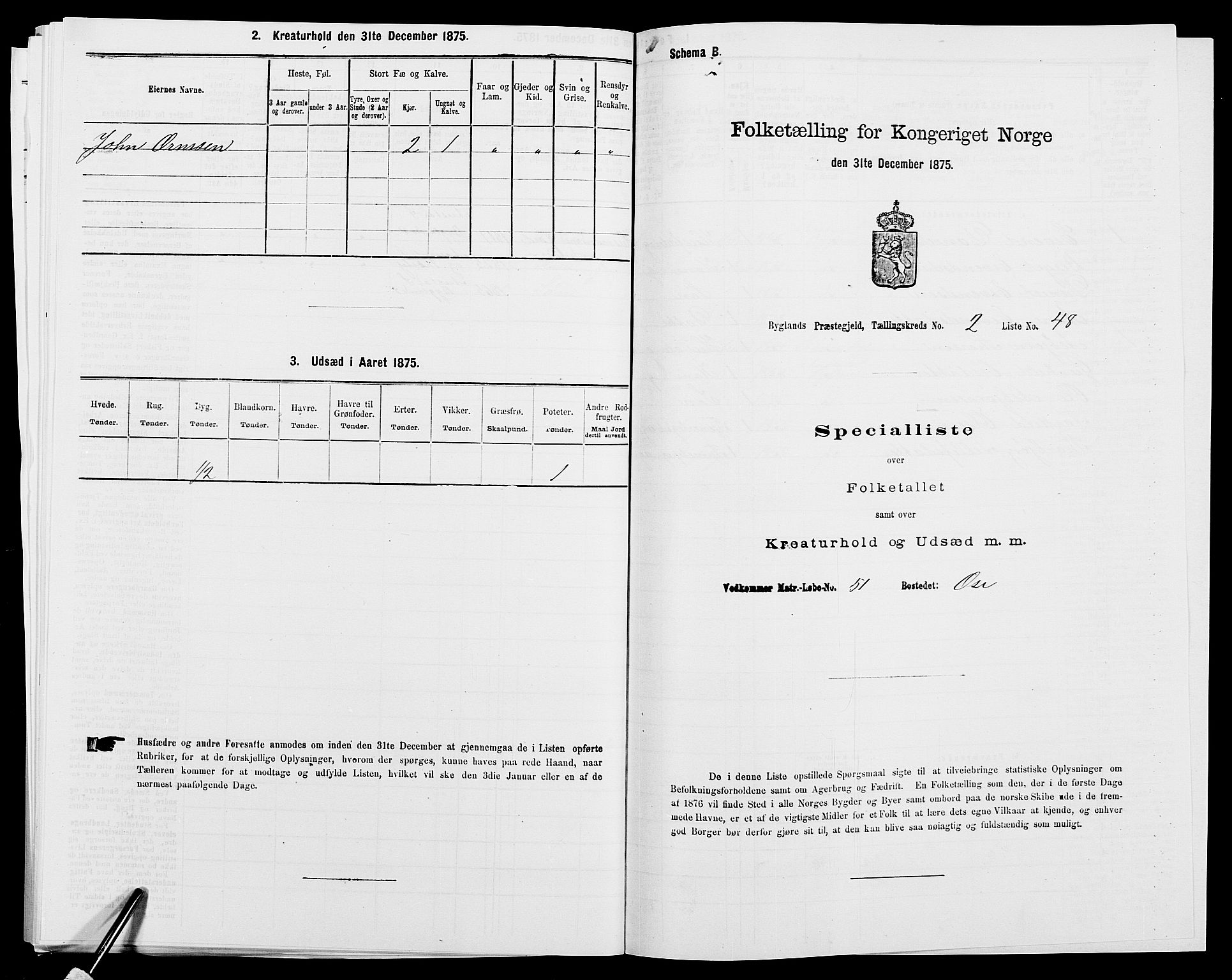 SAK, 1875 census for 0938P Bygland, 1875, p. 227