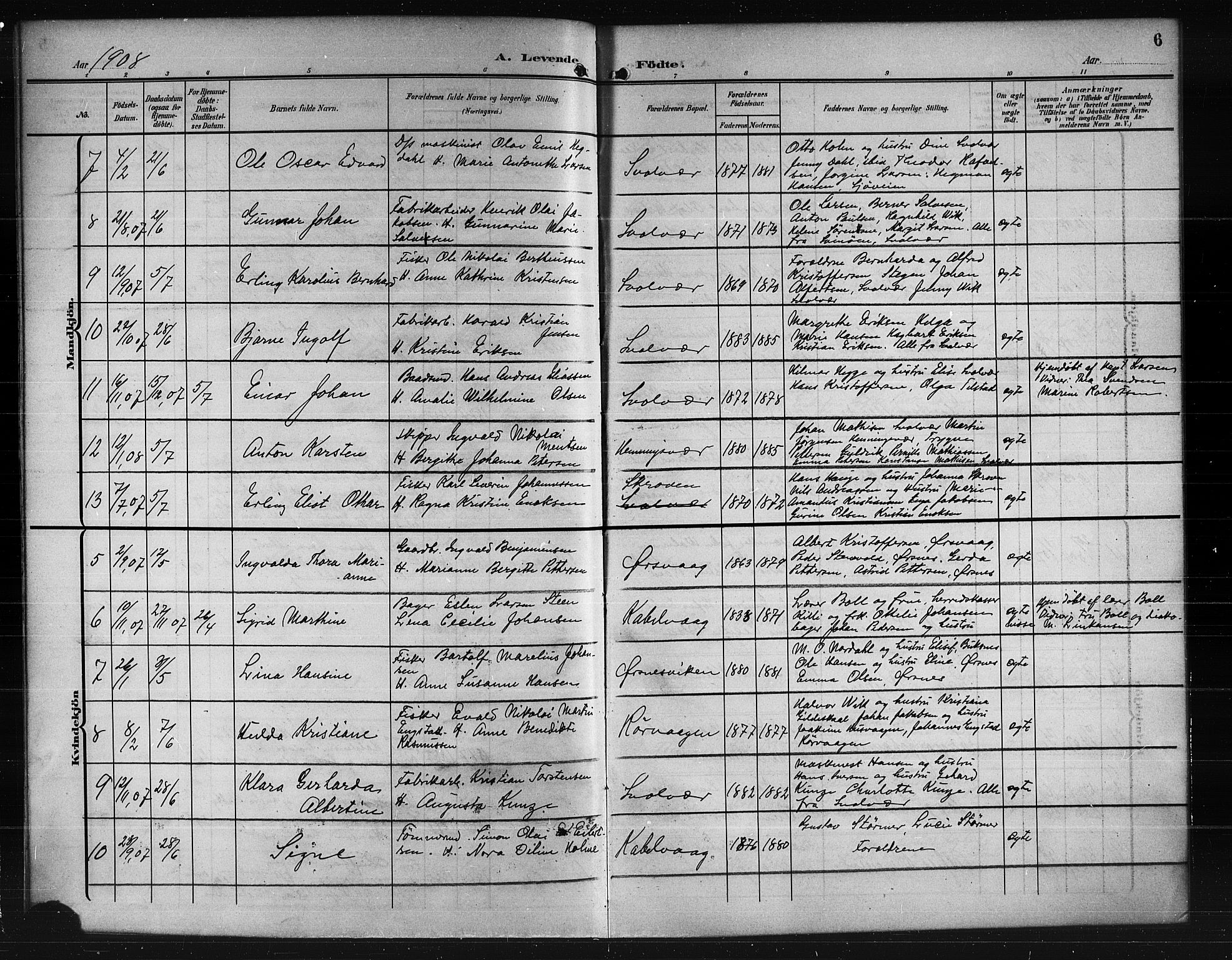Ministerialprotokoller, klokkerbøker og fødselsregistre - Nordland, SAT/A-1459/874/L1079: Parish register (copy) no. 874C08, 1907-1915, p. 6