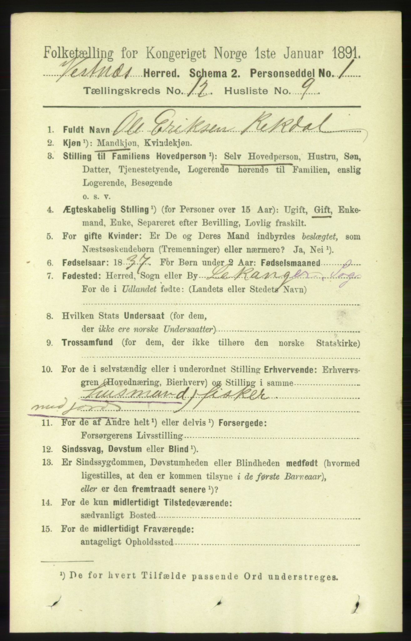 RA, 1891 census for 1535 Vestnes, 1891, p. 4462