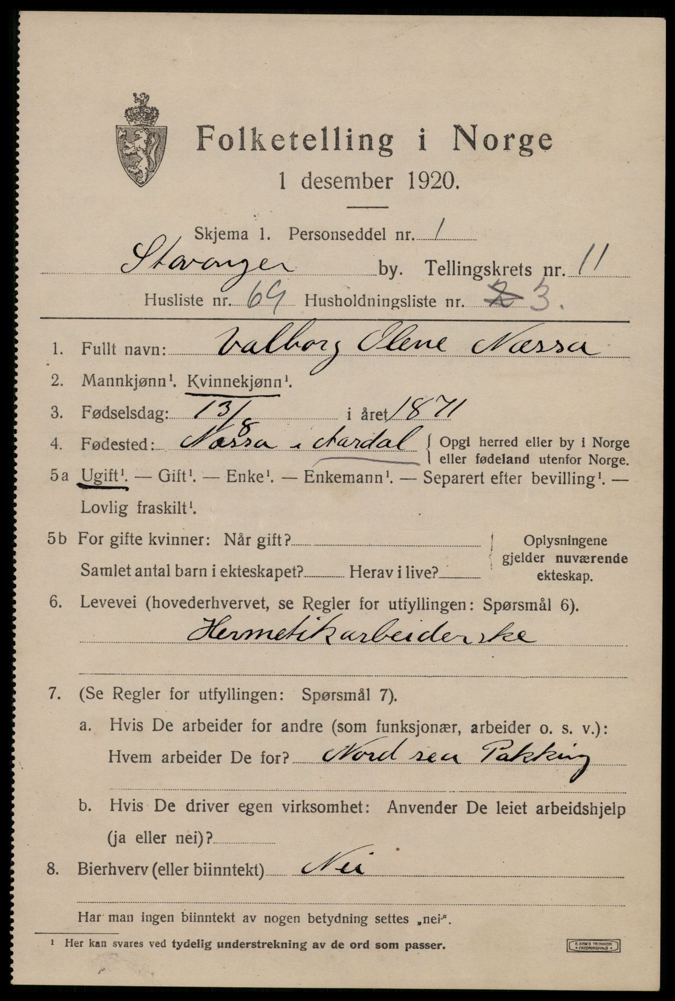 SAST, 1920 census for Stavanger, 1920, p. 55116