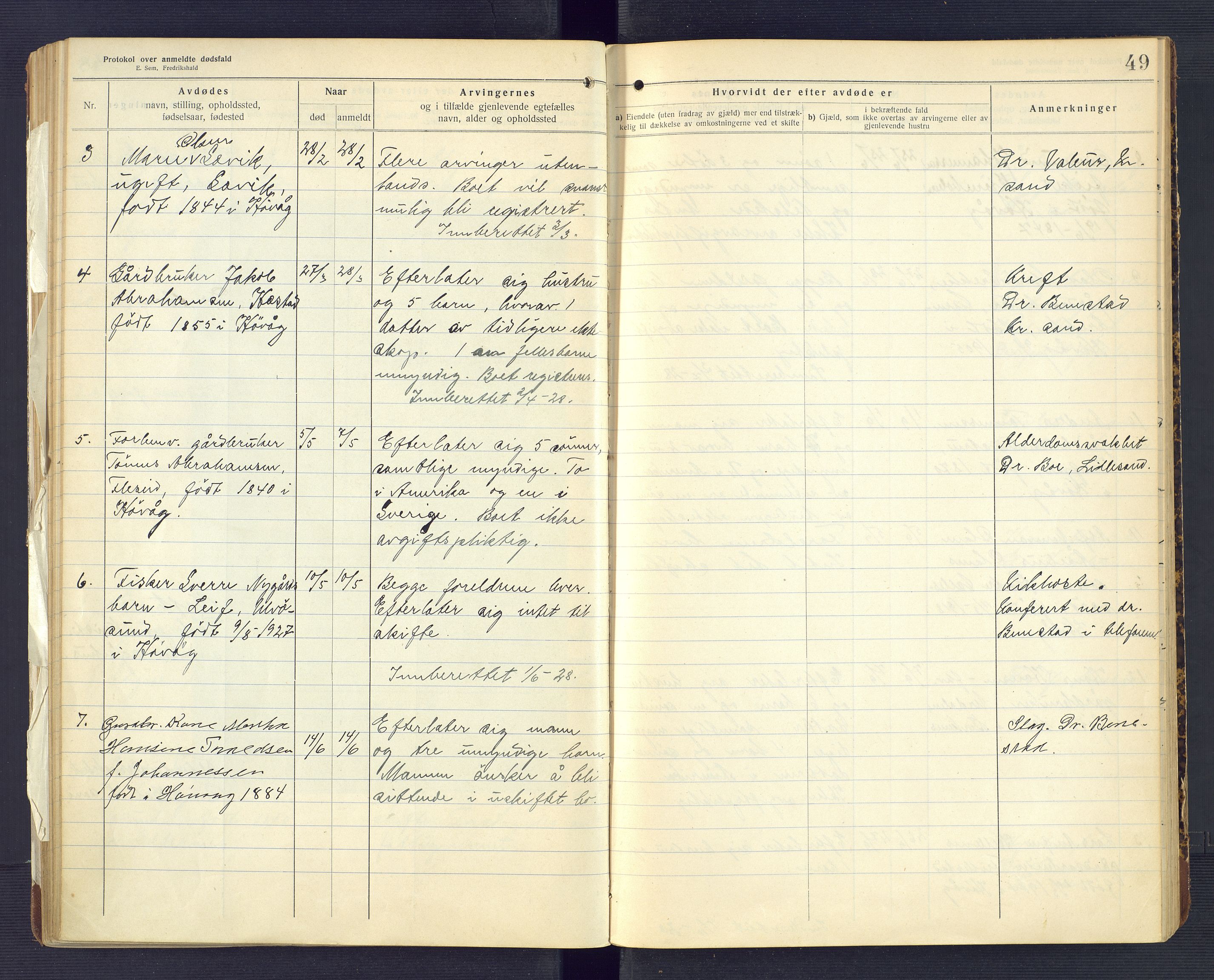 Høvåg lensmannskontor, SAK/1241-0024/F/Fe/L0041: Protokoll over anmeldte dødsfall, 1916-1933, p. 49
