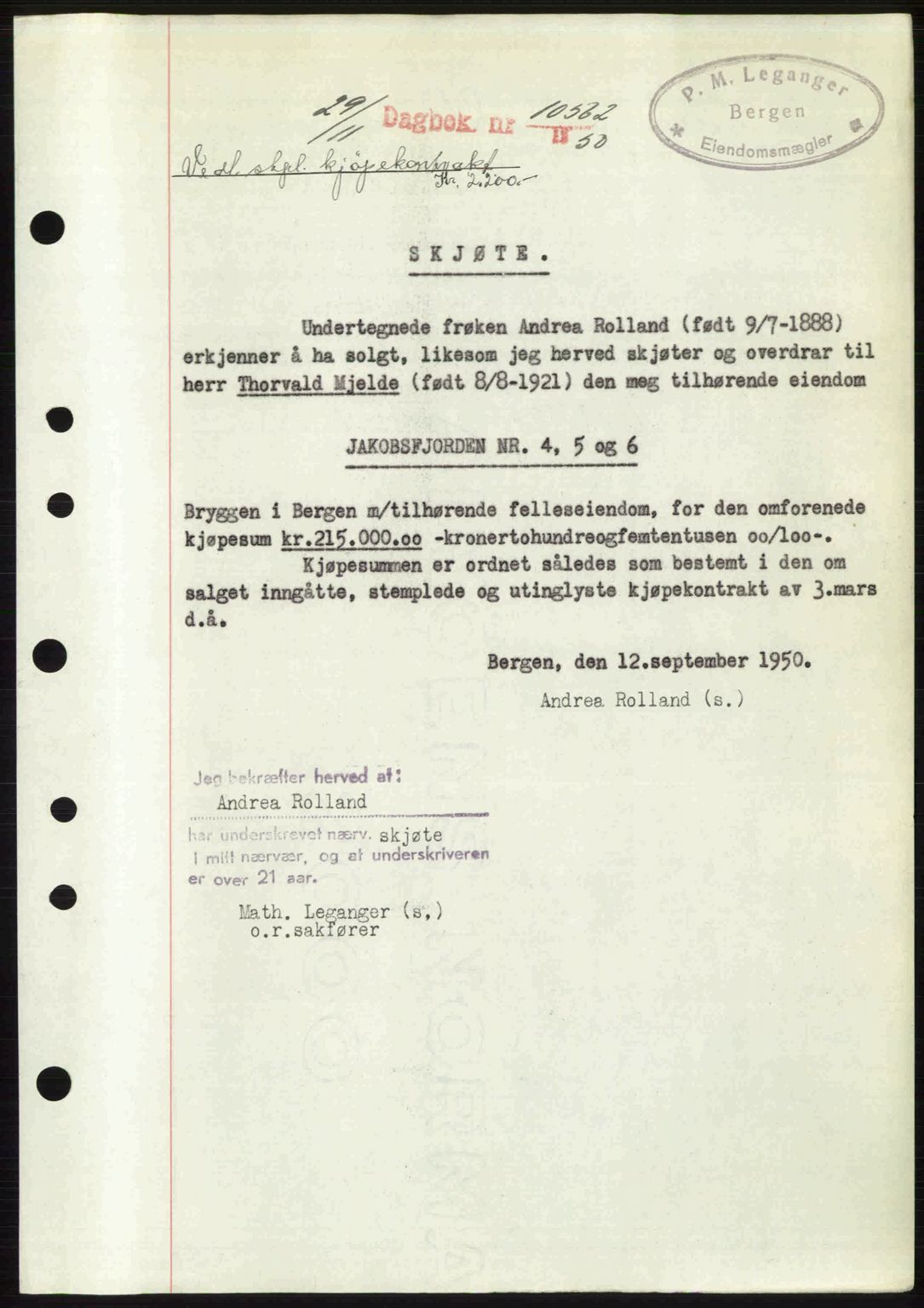 Byfogd og Byskriver i Bergen, SAB/A-3401/03/03Bc/L0034: Mortgage book no. A27-28, 1950-1950, Diary no: : 10562/1950