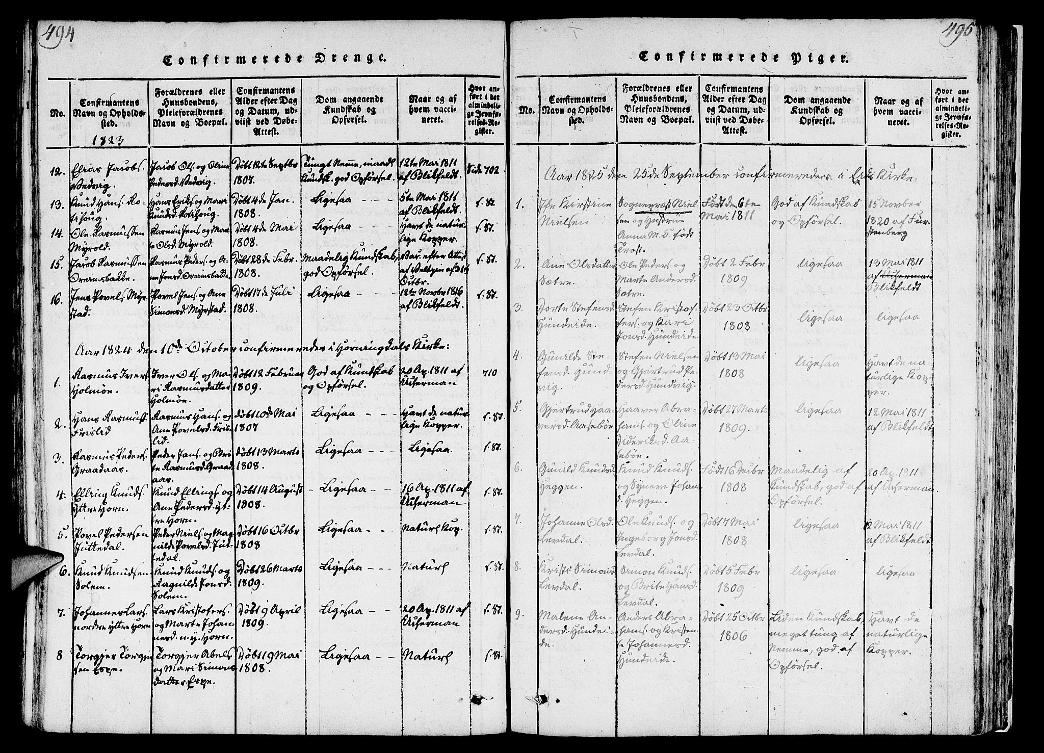 Eid sokneprestembete, AV/SAB-A-82301/H/Haa/Haaa/L0005: Parish register (official) no. A 5, 1816-1830, p. 494-495