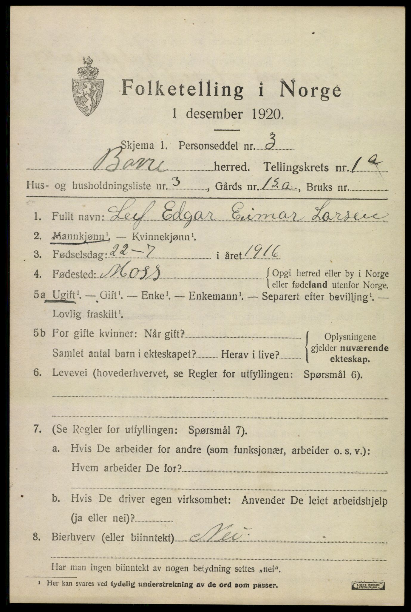 SAKO, 1920 census for Borre, 1920, p. 1412