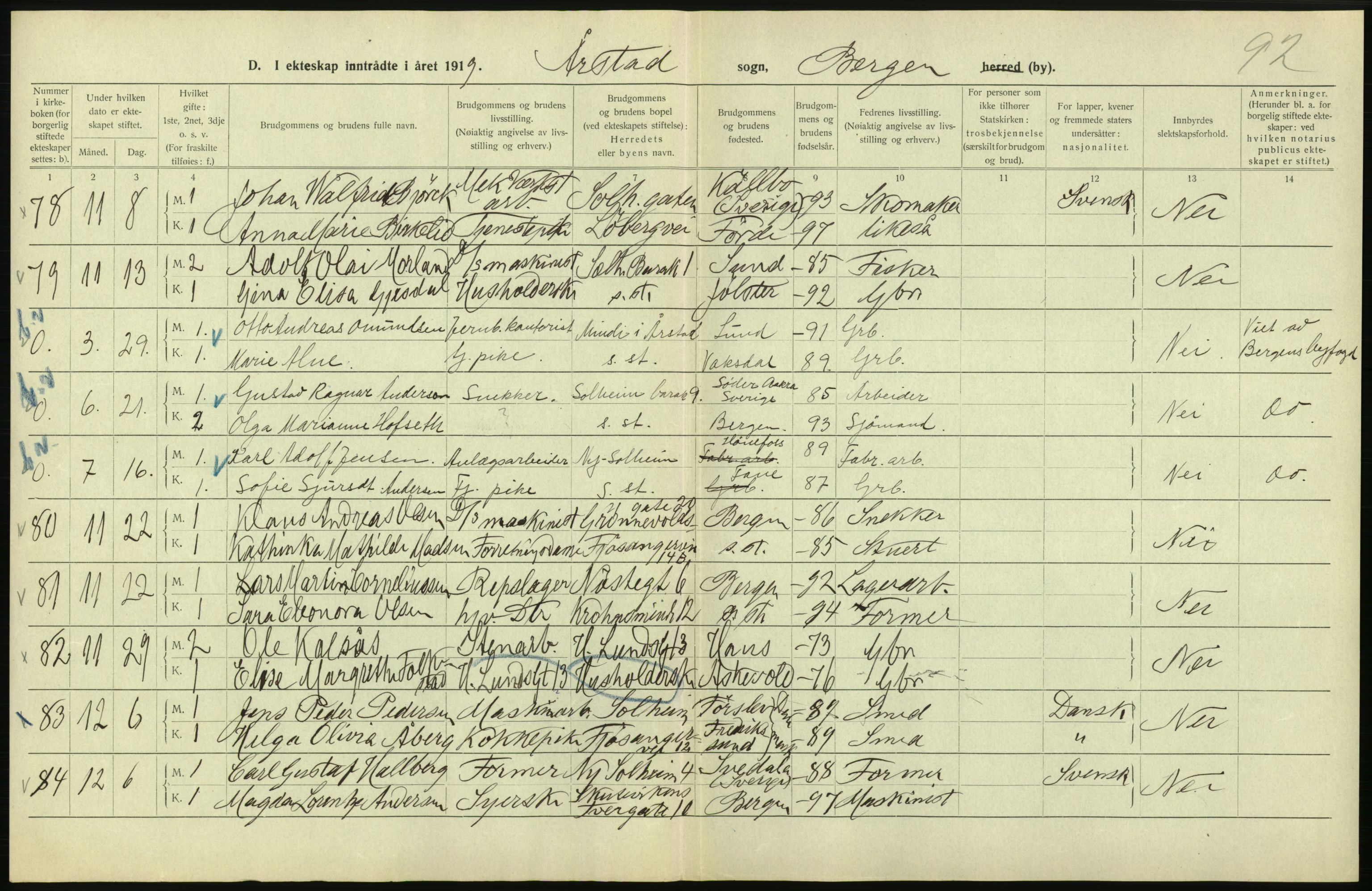 Statistisk sentralbyrå, Sosiodemografiske emner, Befolkning, AV/RA-S-2228/D/Df/Dfb/Dfbi/L0035: Bergen: Gifte, døde, dødfødte., 1919, p. 44