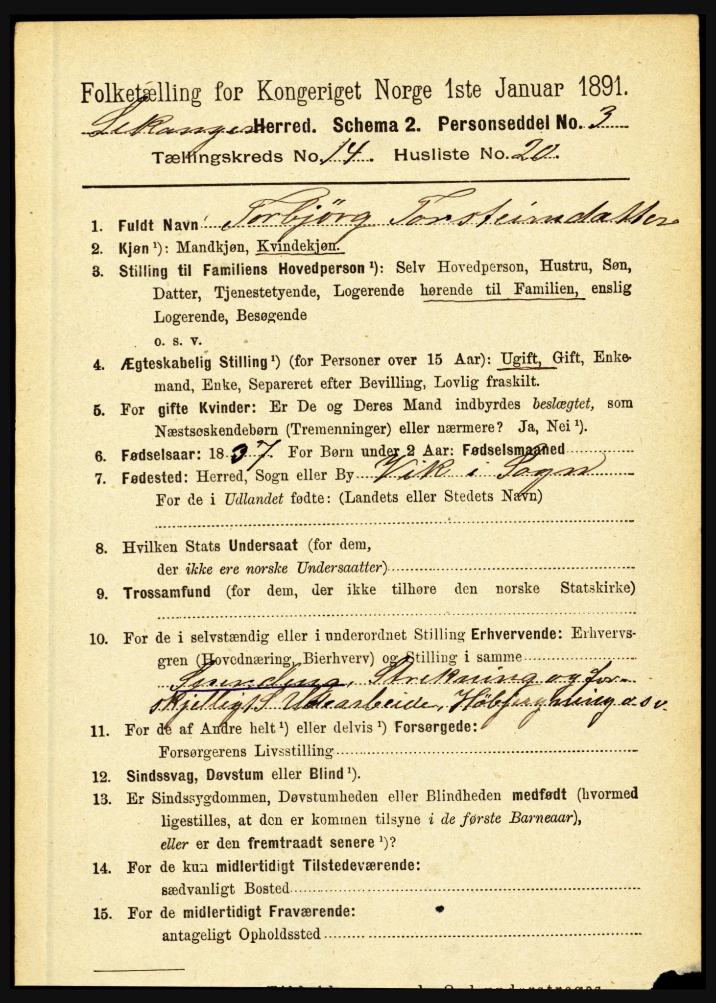 RA, 1891 census for 1419 Leikanger, 1891, p. 2821