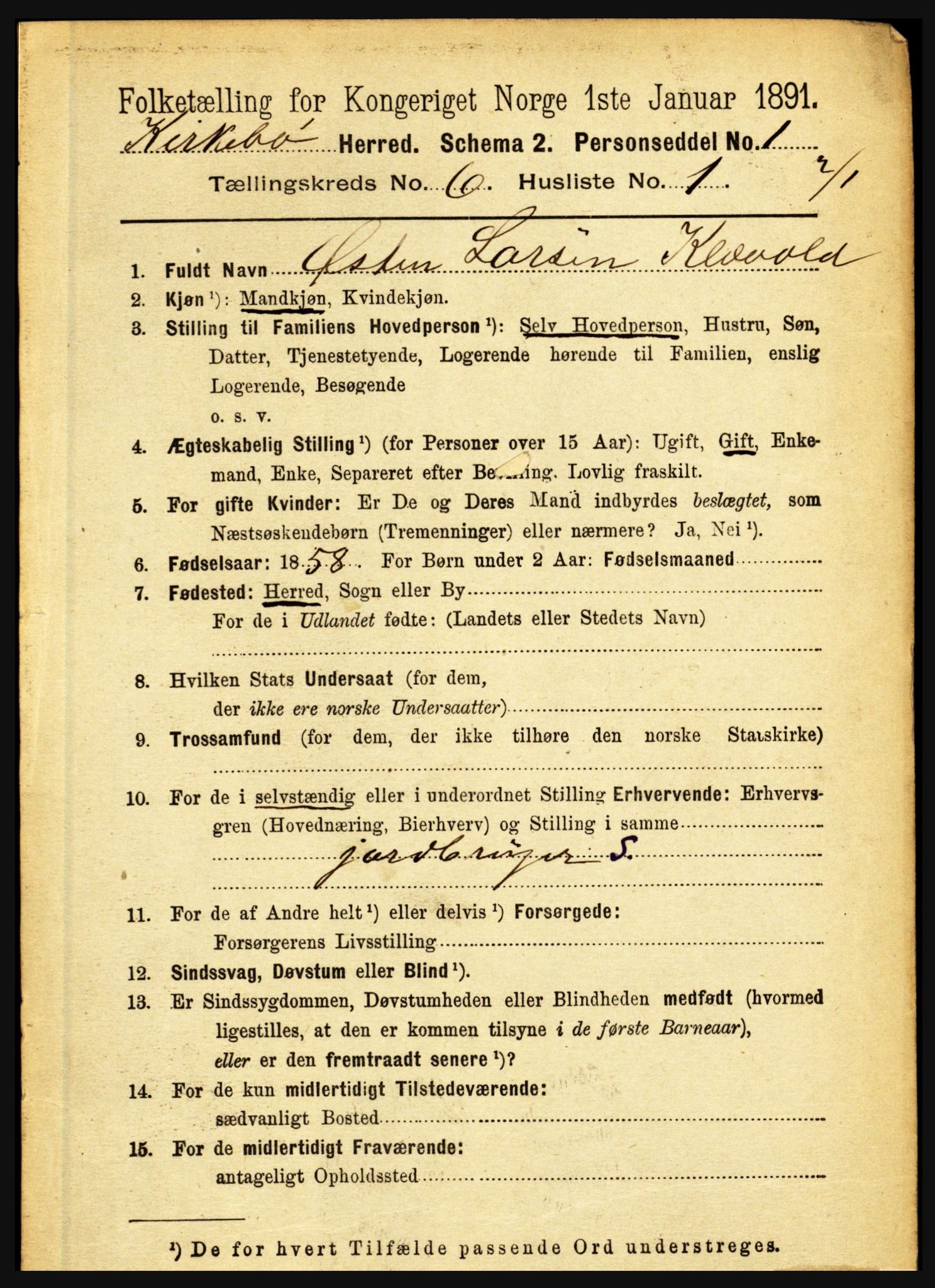 RA, 1891 census for 1416 Kyrkjebø, 1891, p. 1375