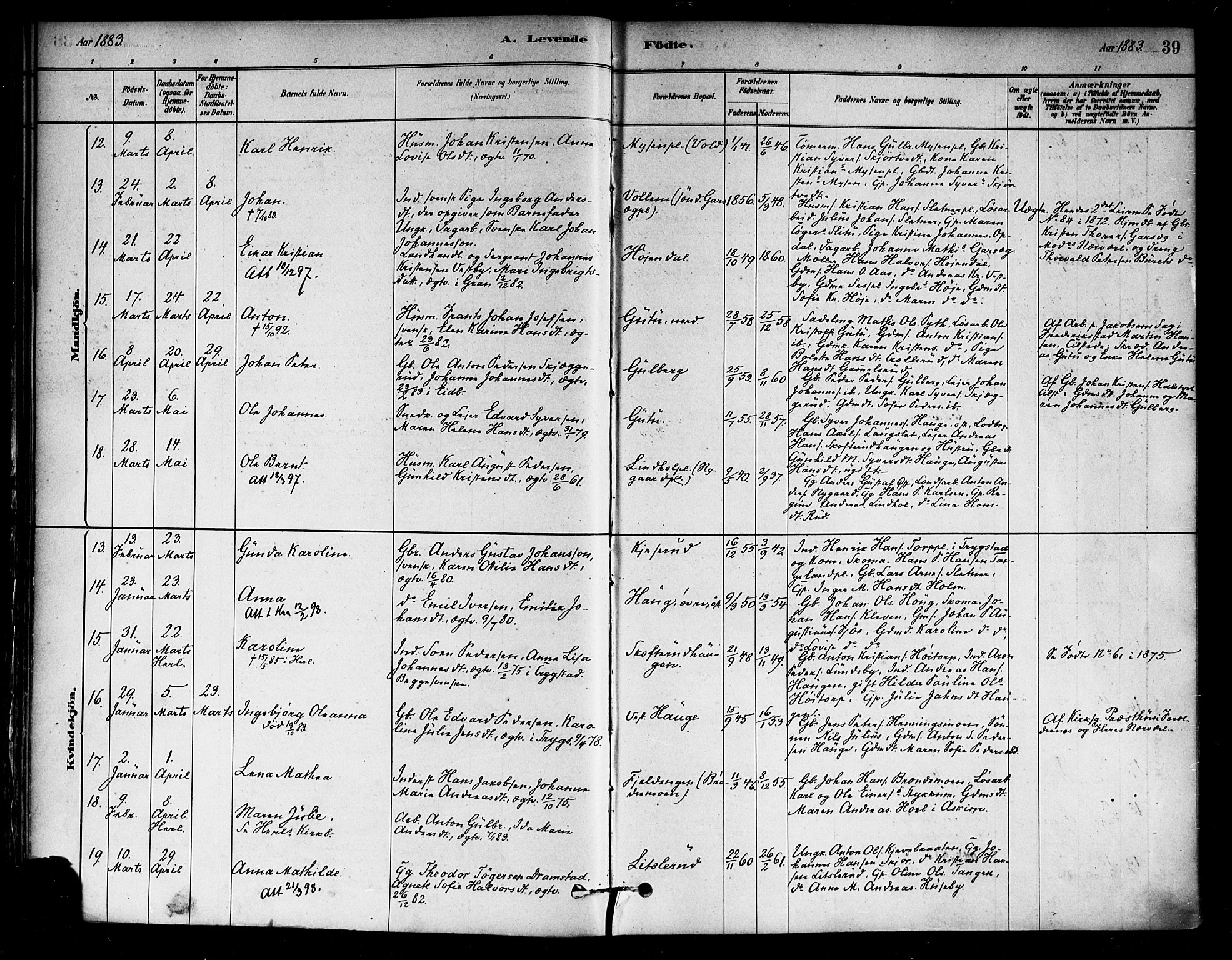 Eidsberg prestekontor Kirkebøker, SAO/A-10905/F/Fa/L0012: Parish register (official) no. I 12, 1879-1901, p. 39