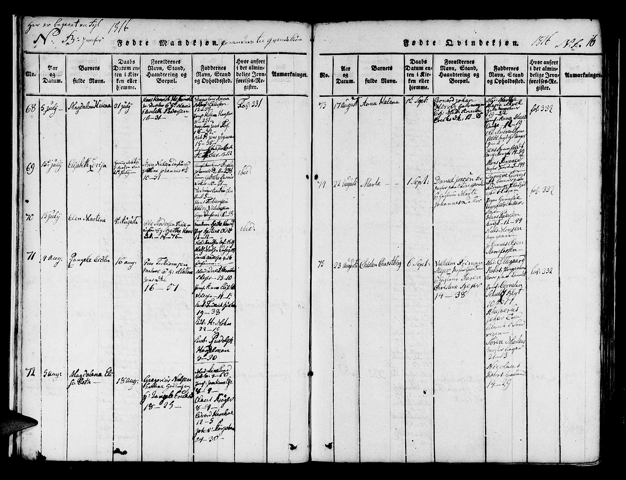 Domkirken sokneprestembete, SAB/A-74801/H/Haa/L0010: Parish register (official) no. A 10, 1816-1821, p. 16