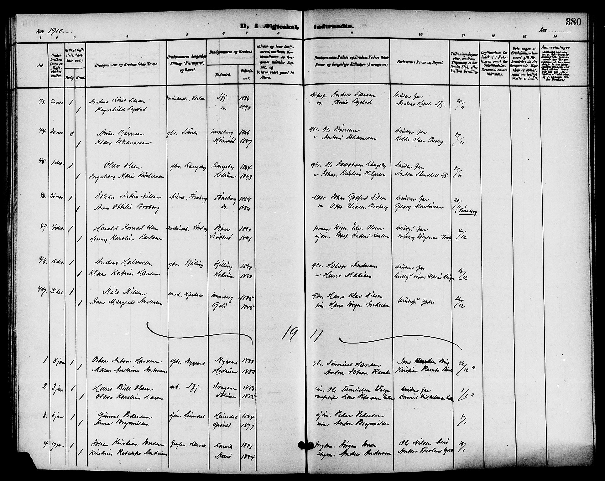 Sandar kirkebøker, AV/SAKO-A-243/G/Ga/L0002: Parish register (copy) no. 2, 1900-1915, p. 380