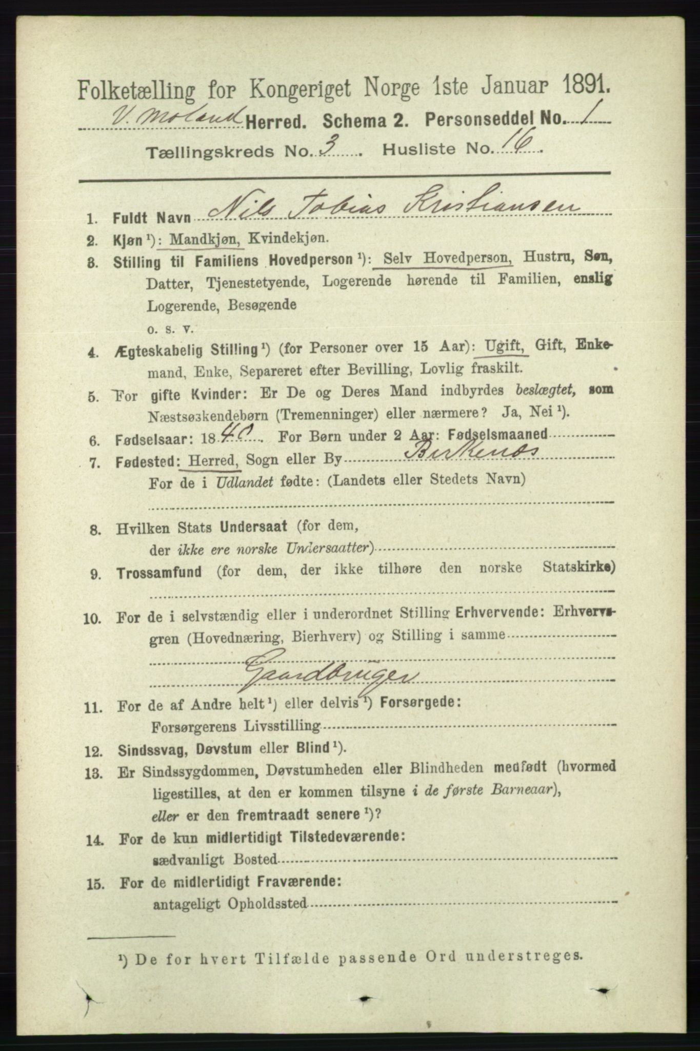 RA, 1891 census for 0926 Vestre Moland, 1891, p. 1046