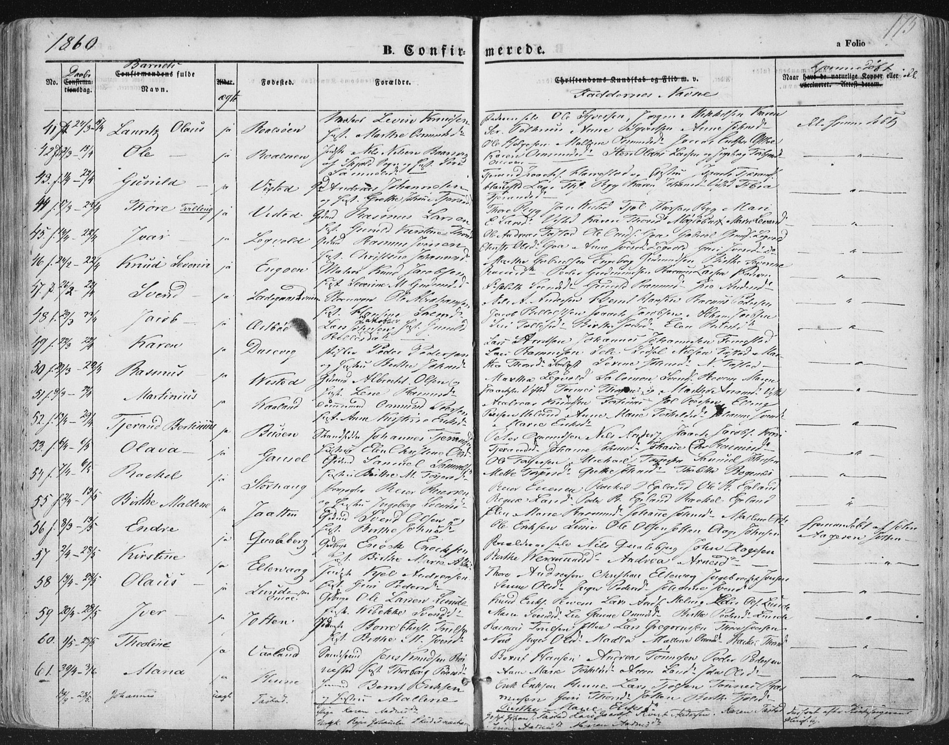 Hetland sokneprestkontor, AV/SAST-A-101826/30/30BA/L0002: Parish register (official) no. A 2, 1849-1869, p. 175