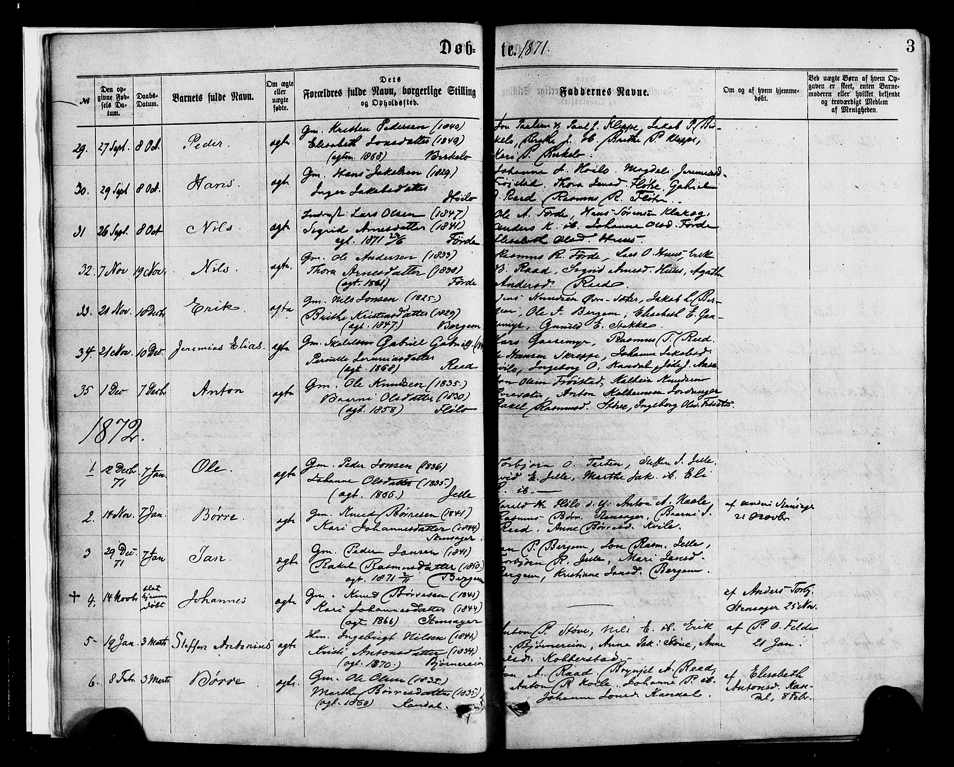 Gloppen sokneprestembete, AV/SAB-A-80101/H/Haa/Haac/L0001: Parish register (official) no. C 1, 1871-1886, p. 3