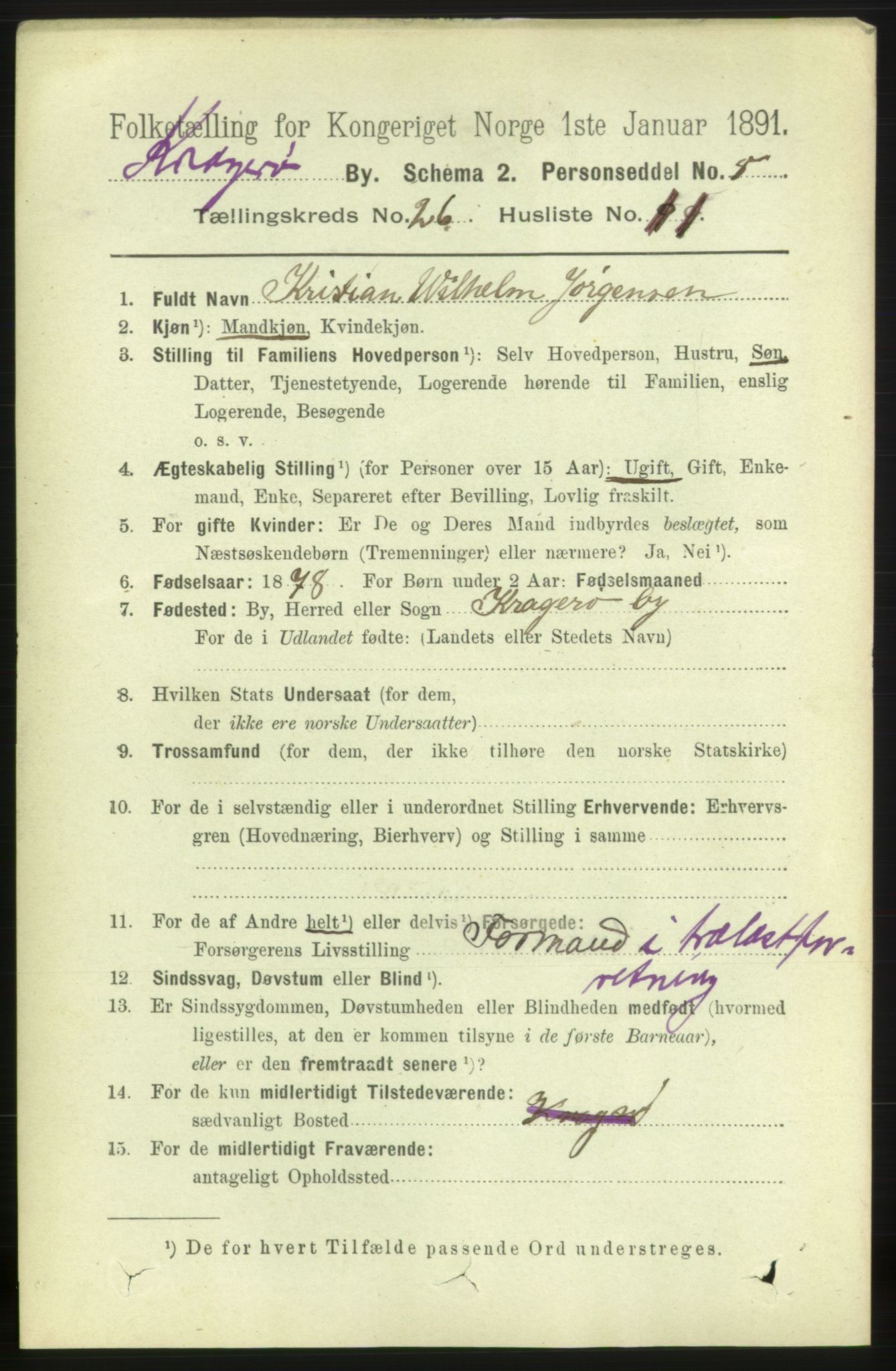 RA, 1891 census for 0801 Kragerø, 1891, p. 5286