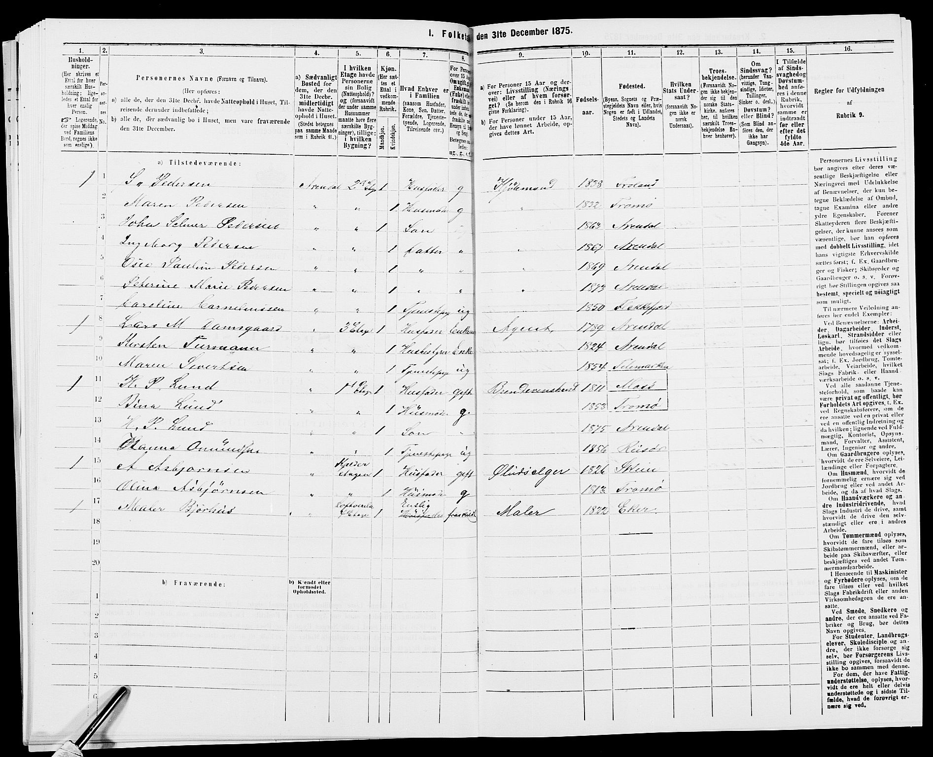 SAK, 1875 census for 0903P Arendal, 1875, p. 267