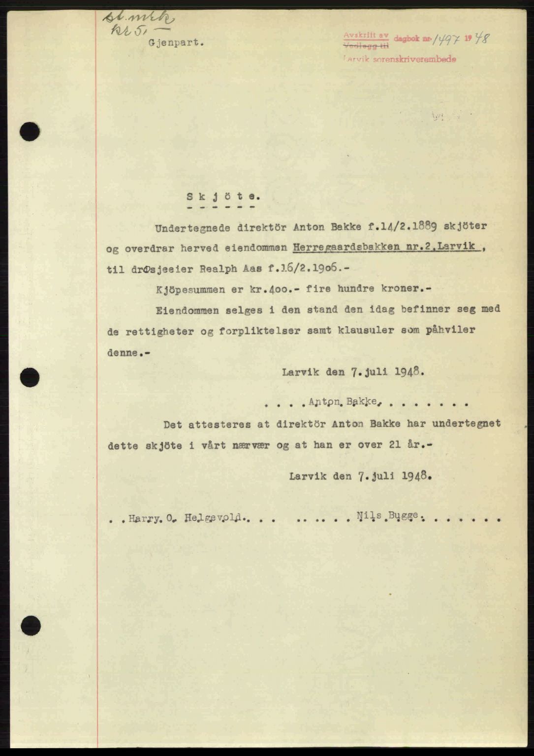 Larvik sorenskriveri, AV/SAKO-A-83/G/Ga/Gab/L0086: Mortgage book no. A-20, 1948-1948, Diary no: : 1497/1948