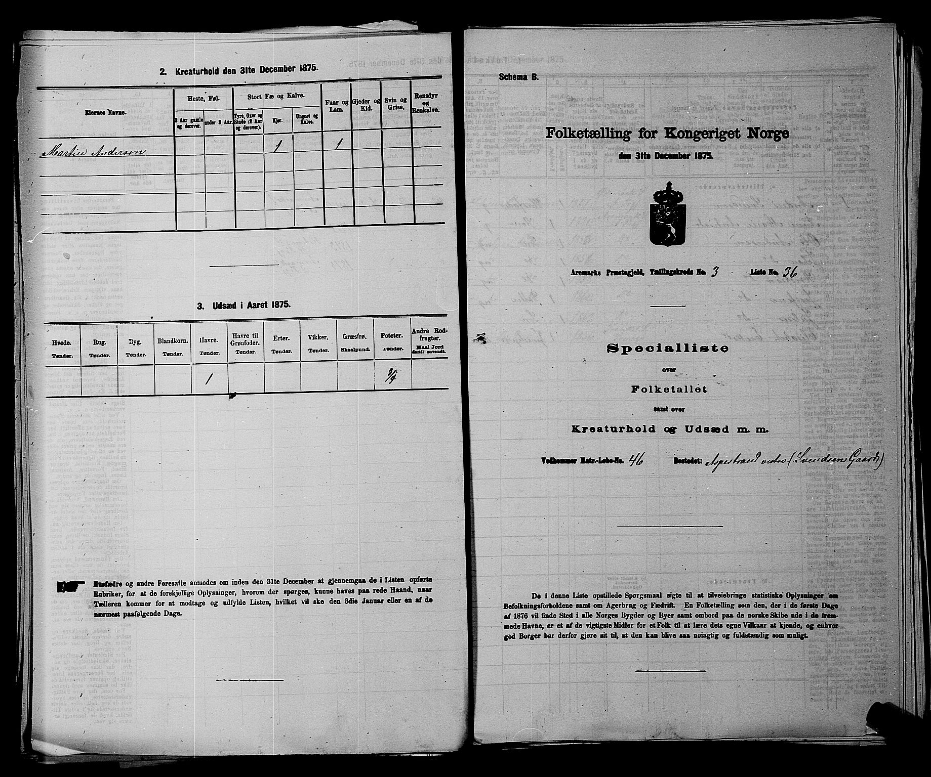 RA, 1875 census for 0118P Aremark, 1875, p. 453