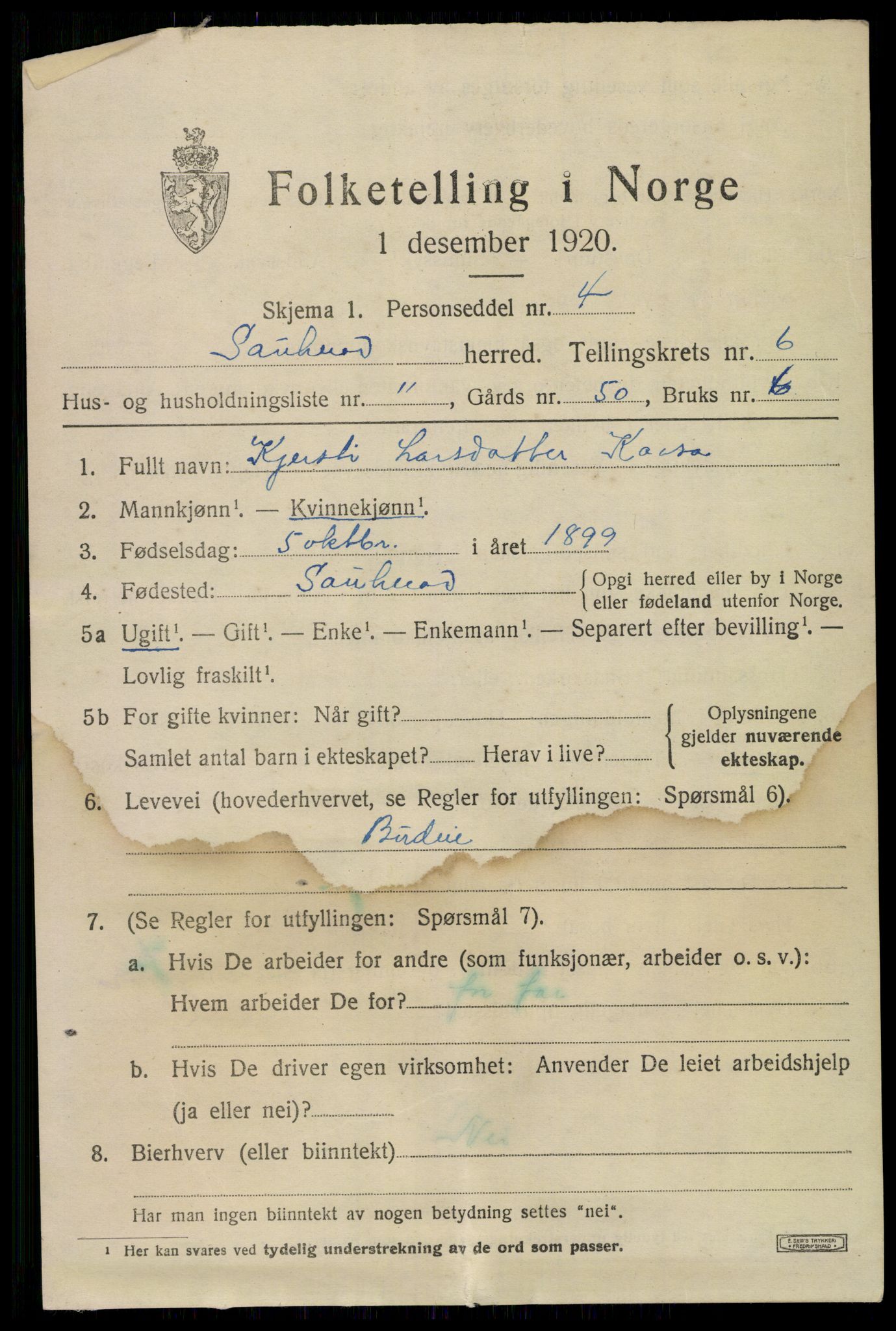 SAKO, 1920 census for Sauherad, 1920, p. 5181