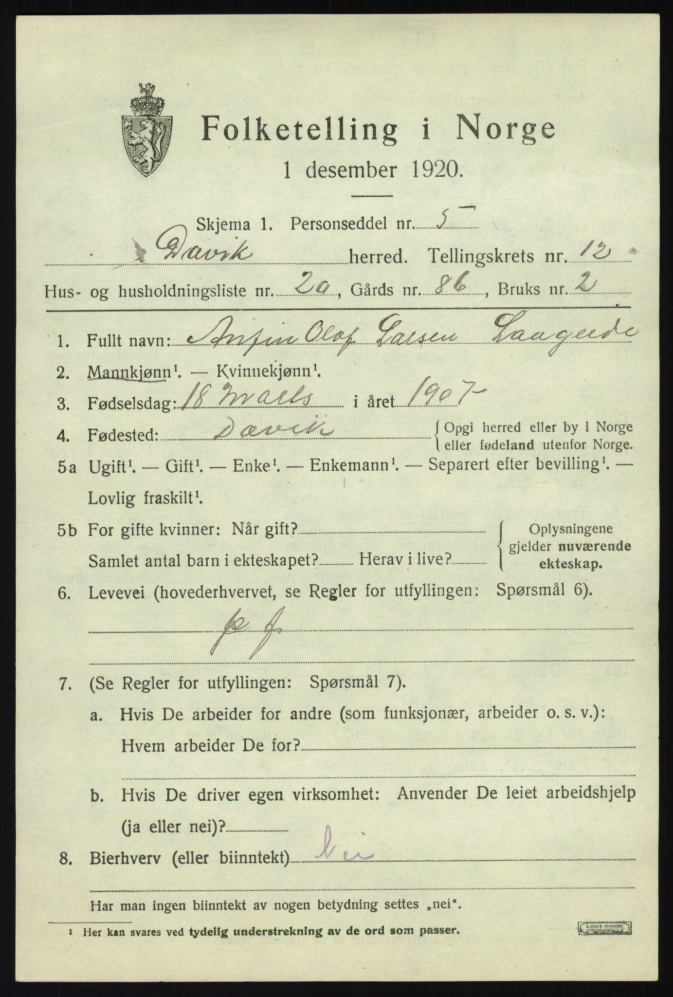 SAB, 1920 census for Davik, 1920, p. 6051