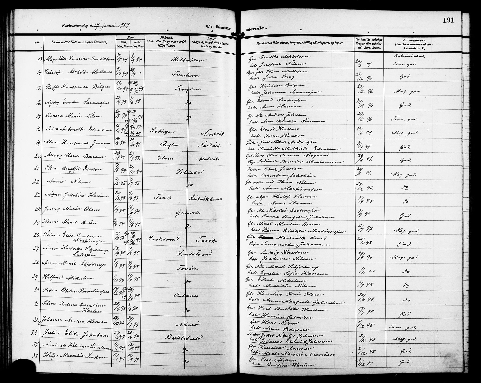 Trondenes sokneprestkontor, SATØ/S-1319/H/Hb/L0012klokker: Parish register (copy) no. 12, 1907-1916, p. 191